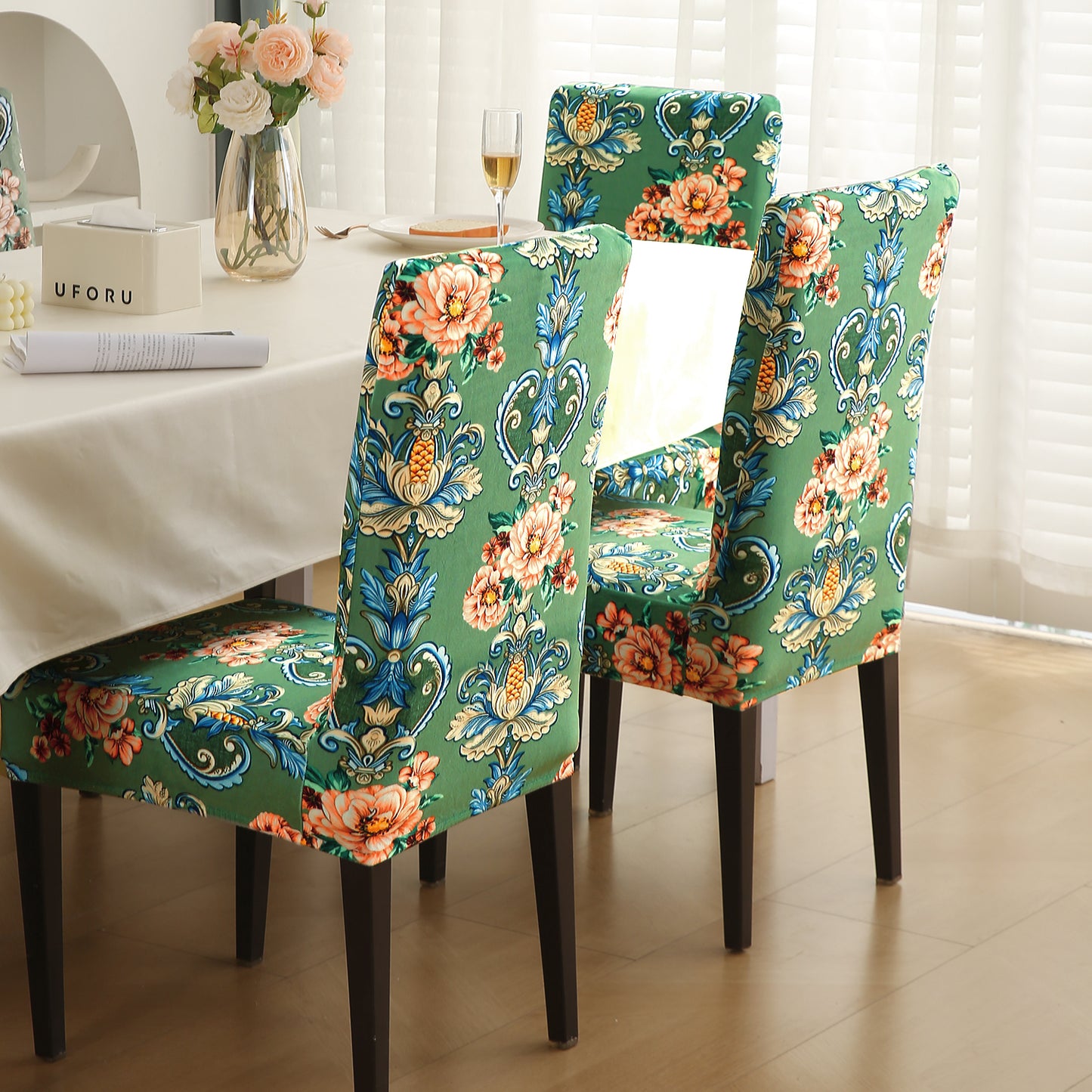 Premium Printed Velvet Dining Chair Cover Set, Green Victorian Garden