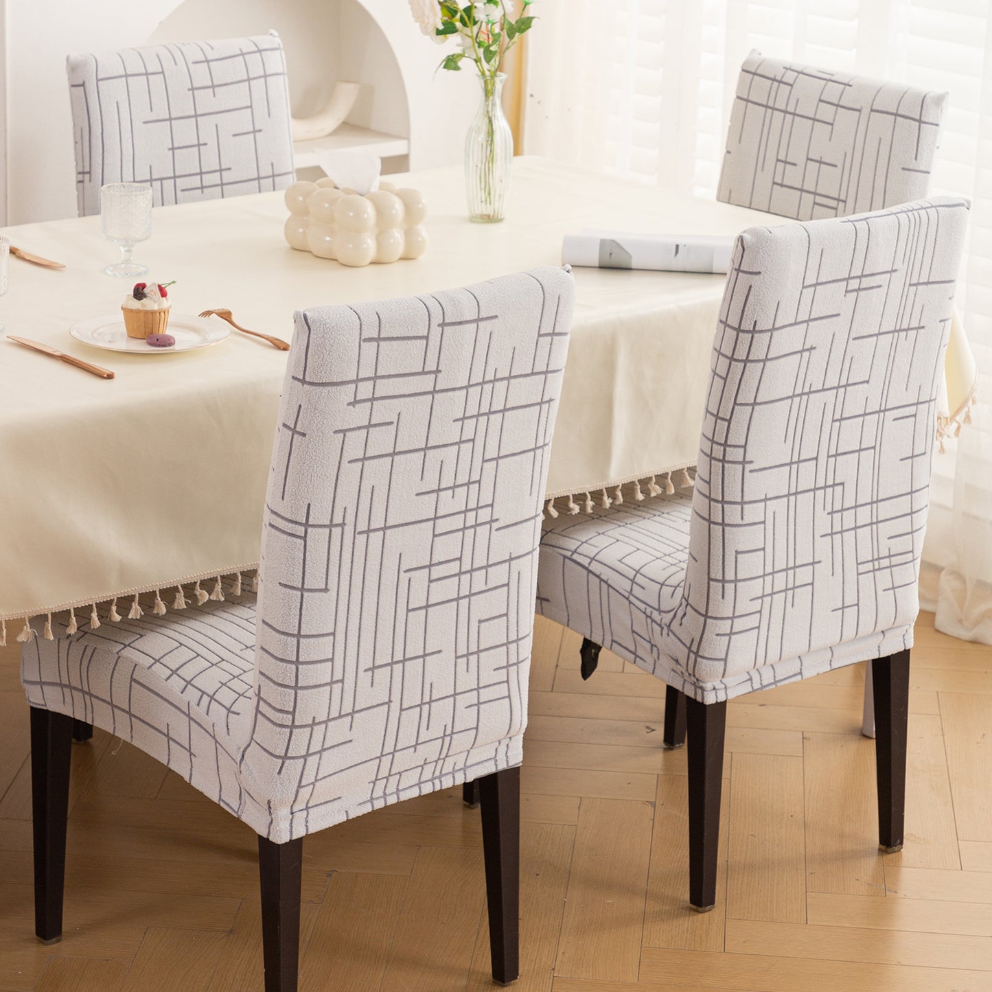 'Crossline Series' 180 GSM Jacquard Chair Cover Set 1/2/4/6, Light Grey