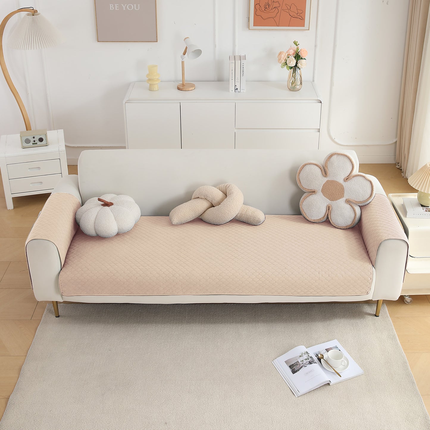 Quilted Sofa Cover Mat with 2 Armrest Covers Pockets, Beige