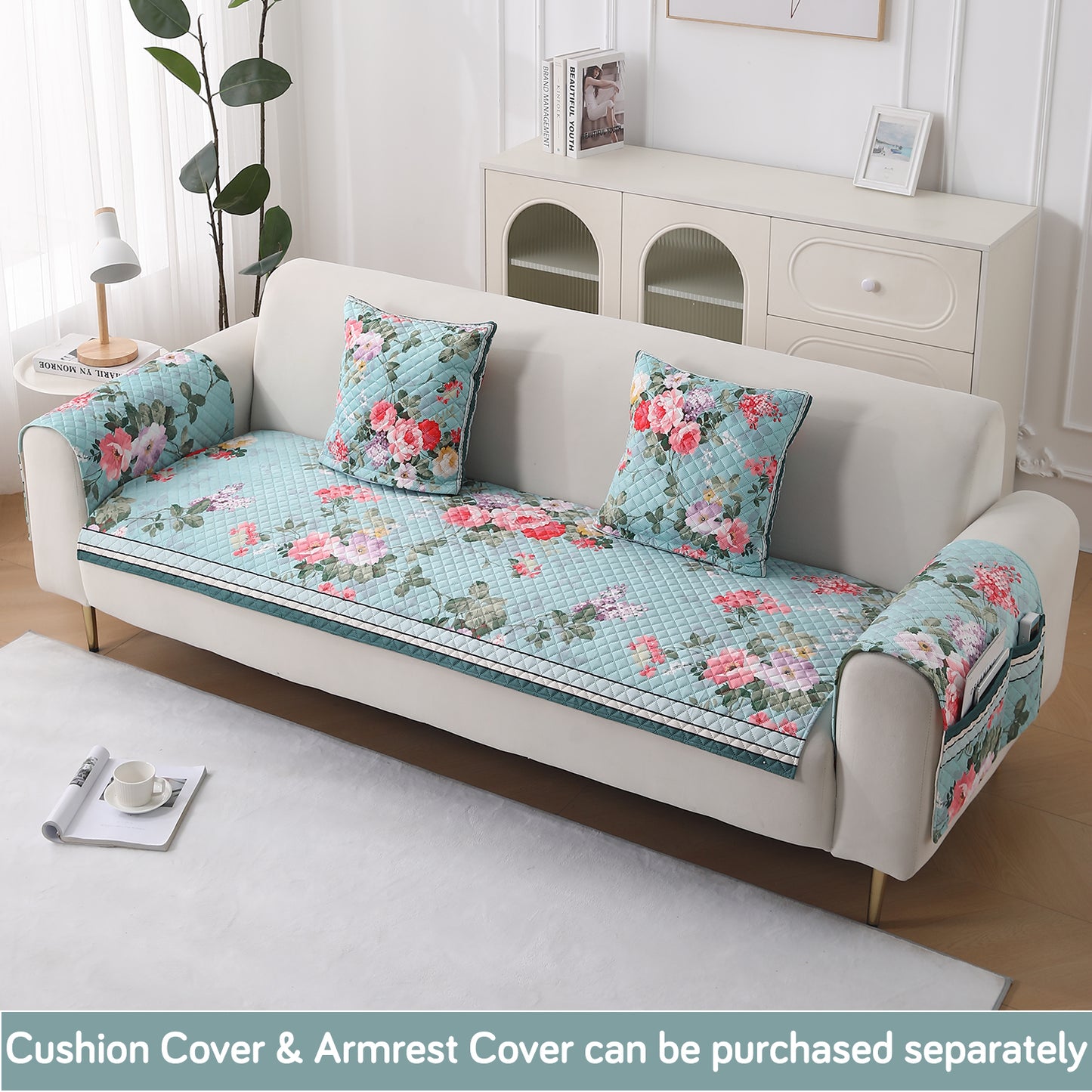 LiefNest Holland Velvet Sofa Cover Mat with Foam Filling - Fresh Floral Pastel Blue