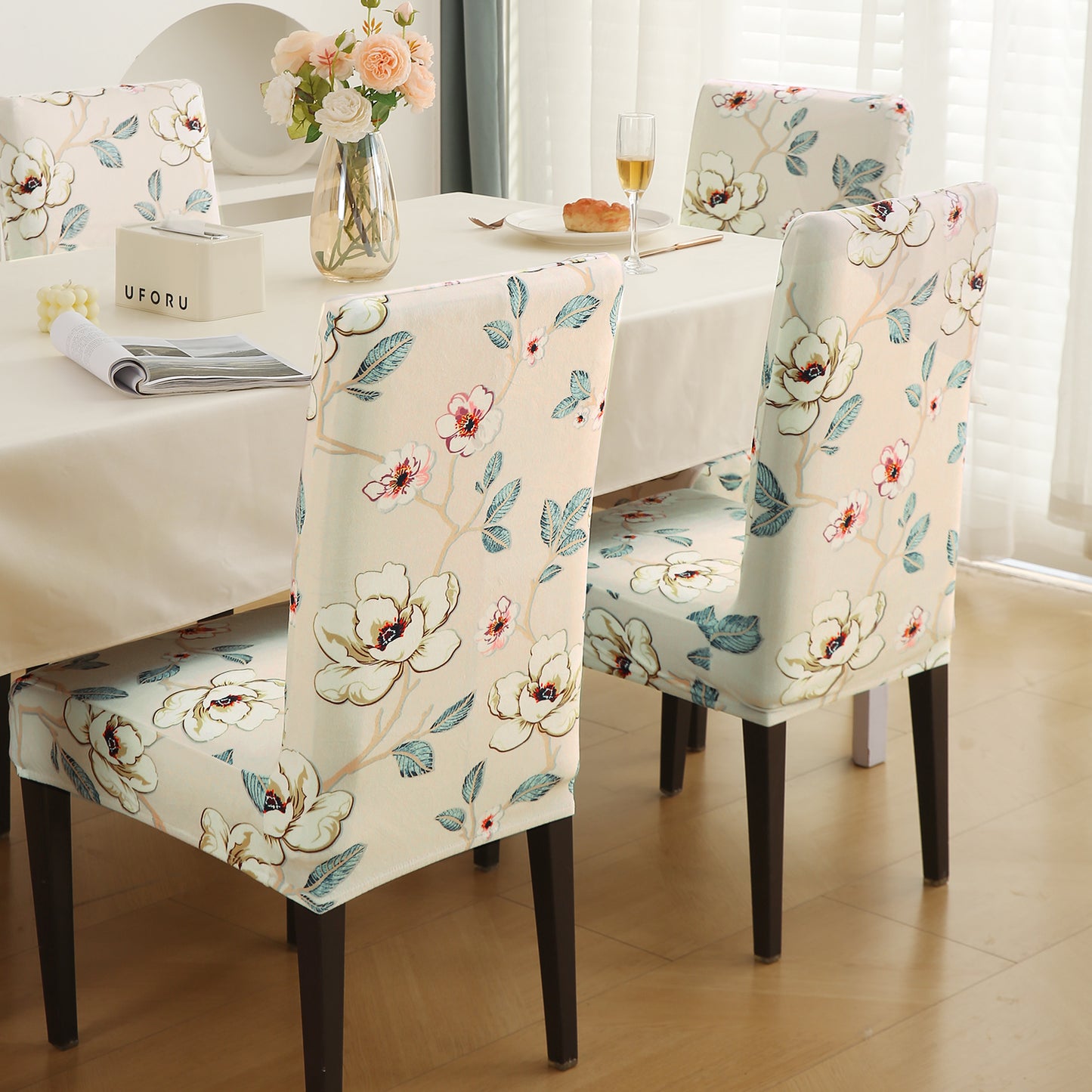 Premium Printed Velvet Dining Chair Cover Set, Buttercream Magnolia Whisper