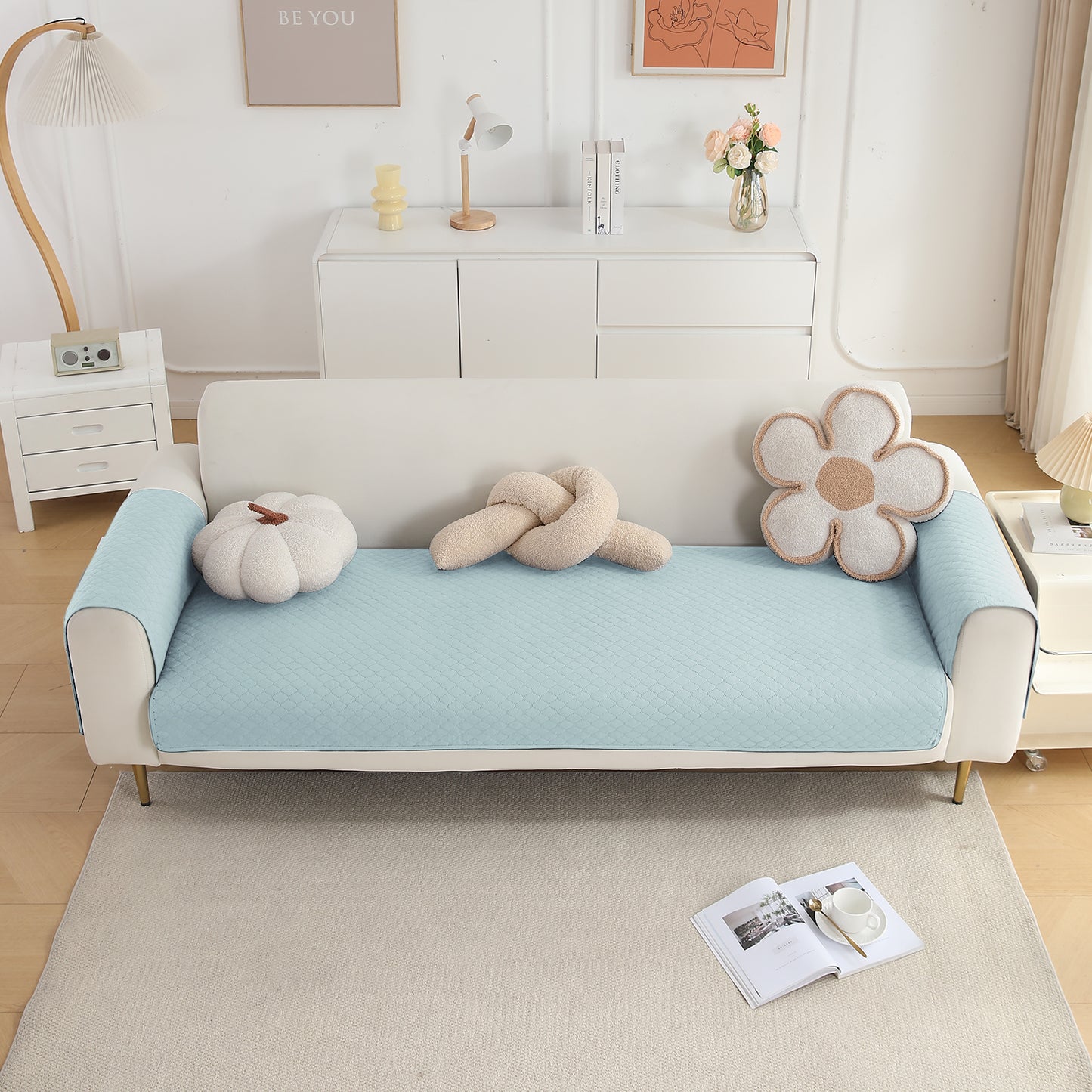 Quilted Sofa Cover Set with Seat Mat and Armrest Covers with Pockets, Light Sky Blue