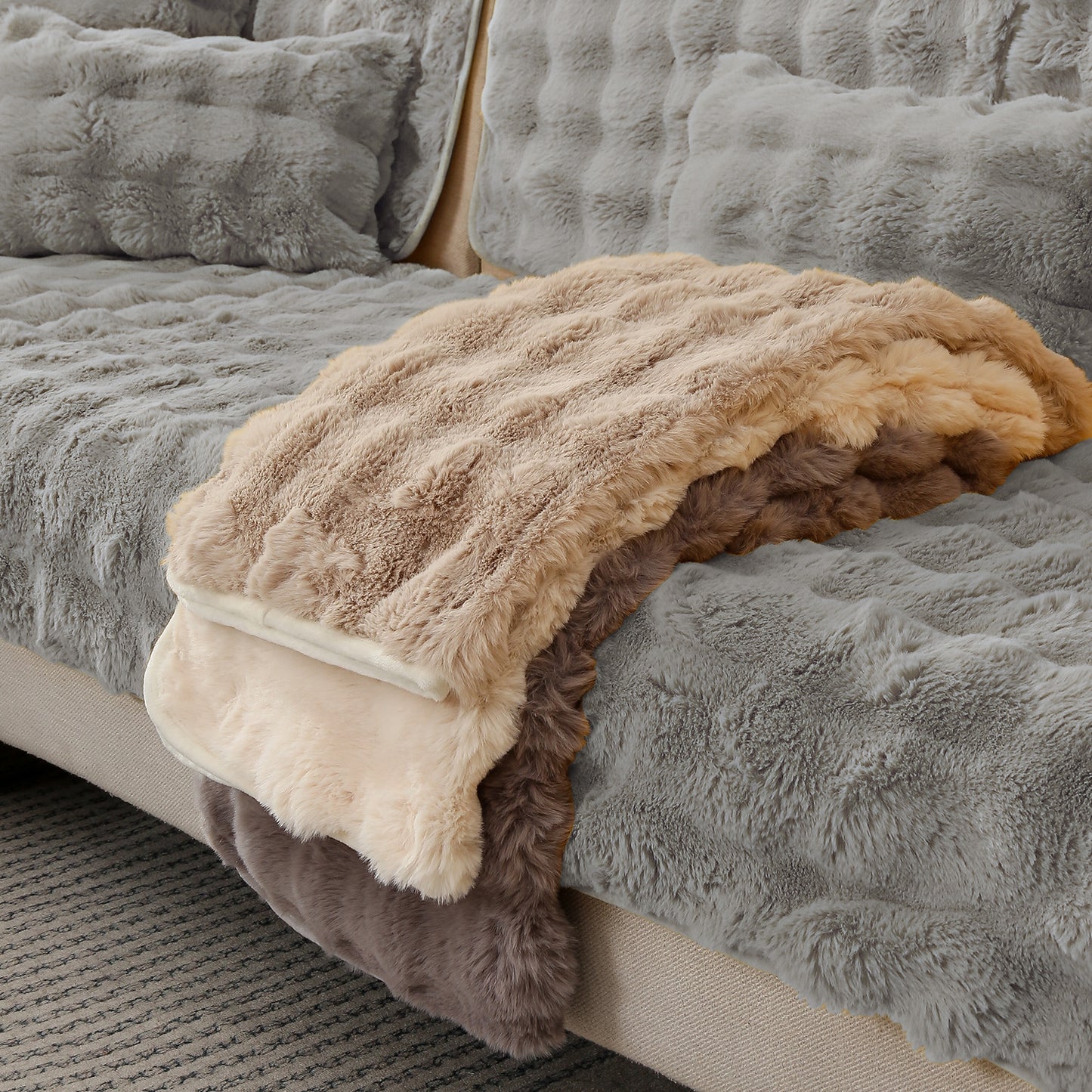 Premium Faux Rabbit Fur Anti Slip Sofa Mat for 1/2/3 Seater, Cool Grey