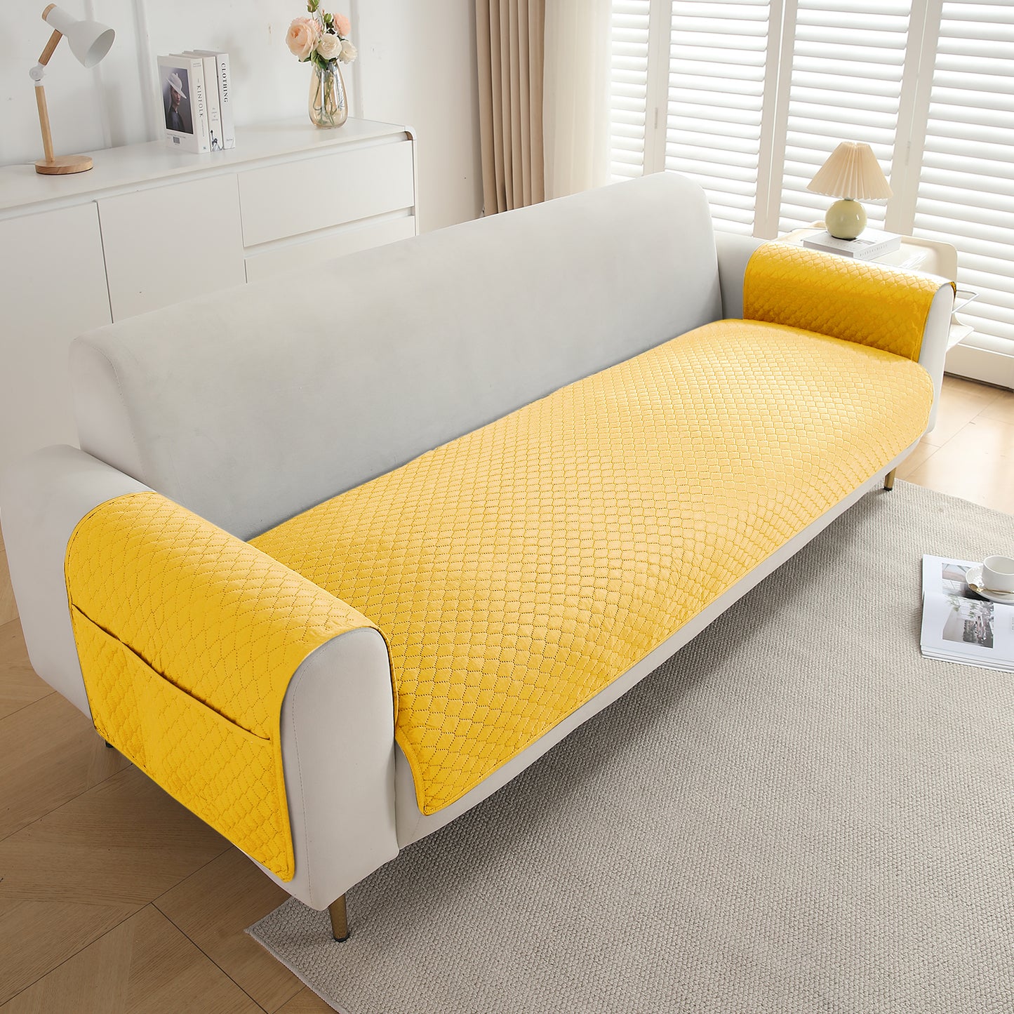 Quilted Sofa Cover Mat with 2 Armrest Covers Pockets, Yellow