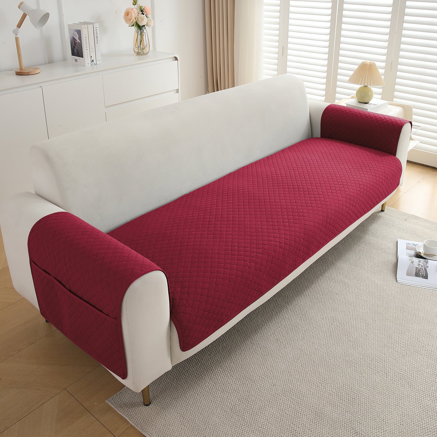 Quilted Sofa Cover Mat with 2 Armrest Covers Pockets, Maroon