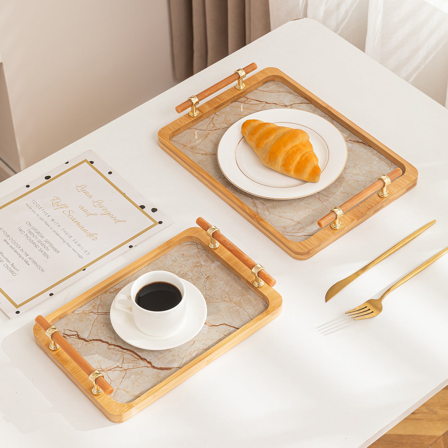 Luxury Bamboo Serving Tray Set with Faux Marble Base with Golden Handles