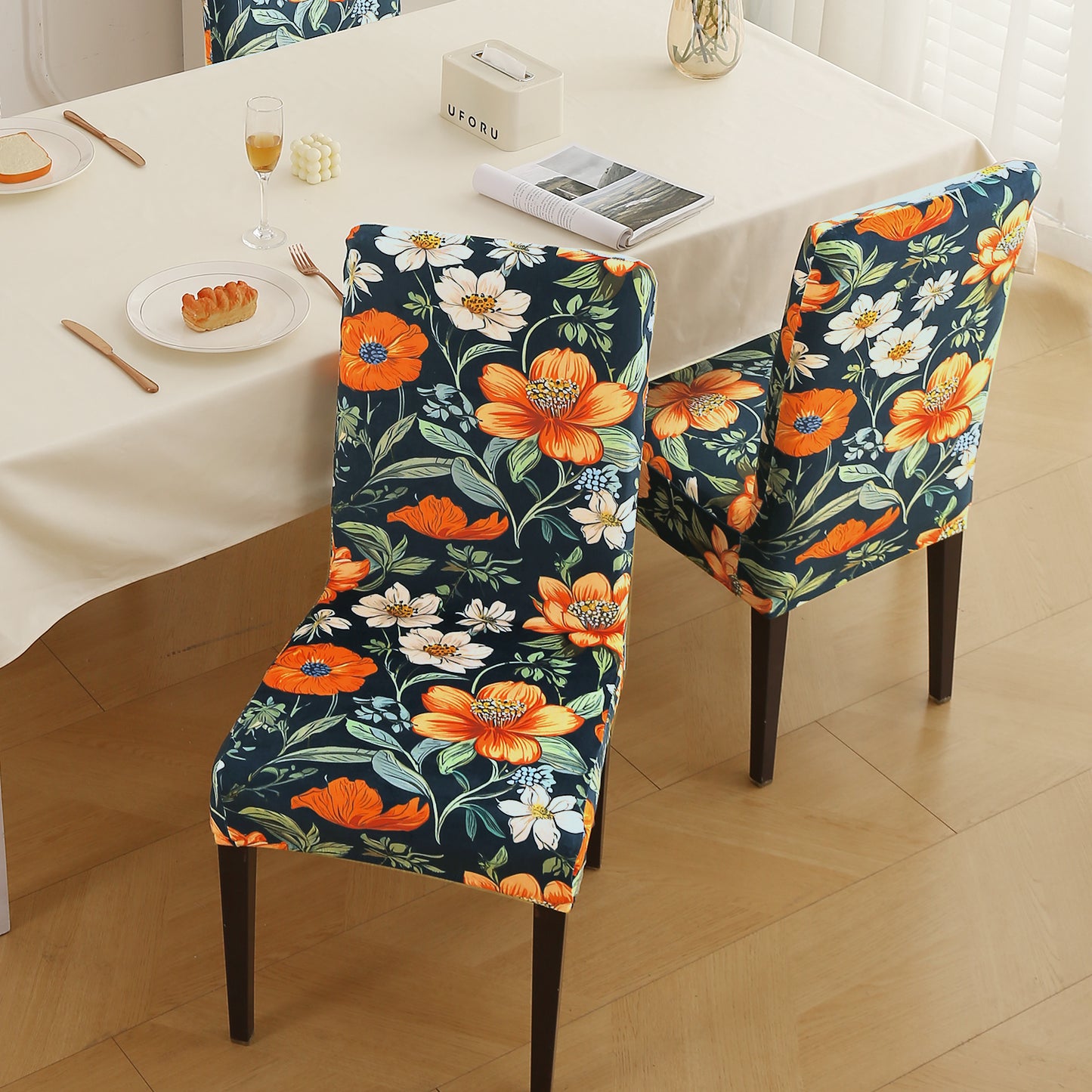Premium Printed Velvet Dining Chair Cover Set, Teal Twilight Garden