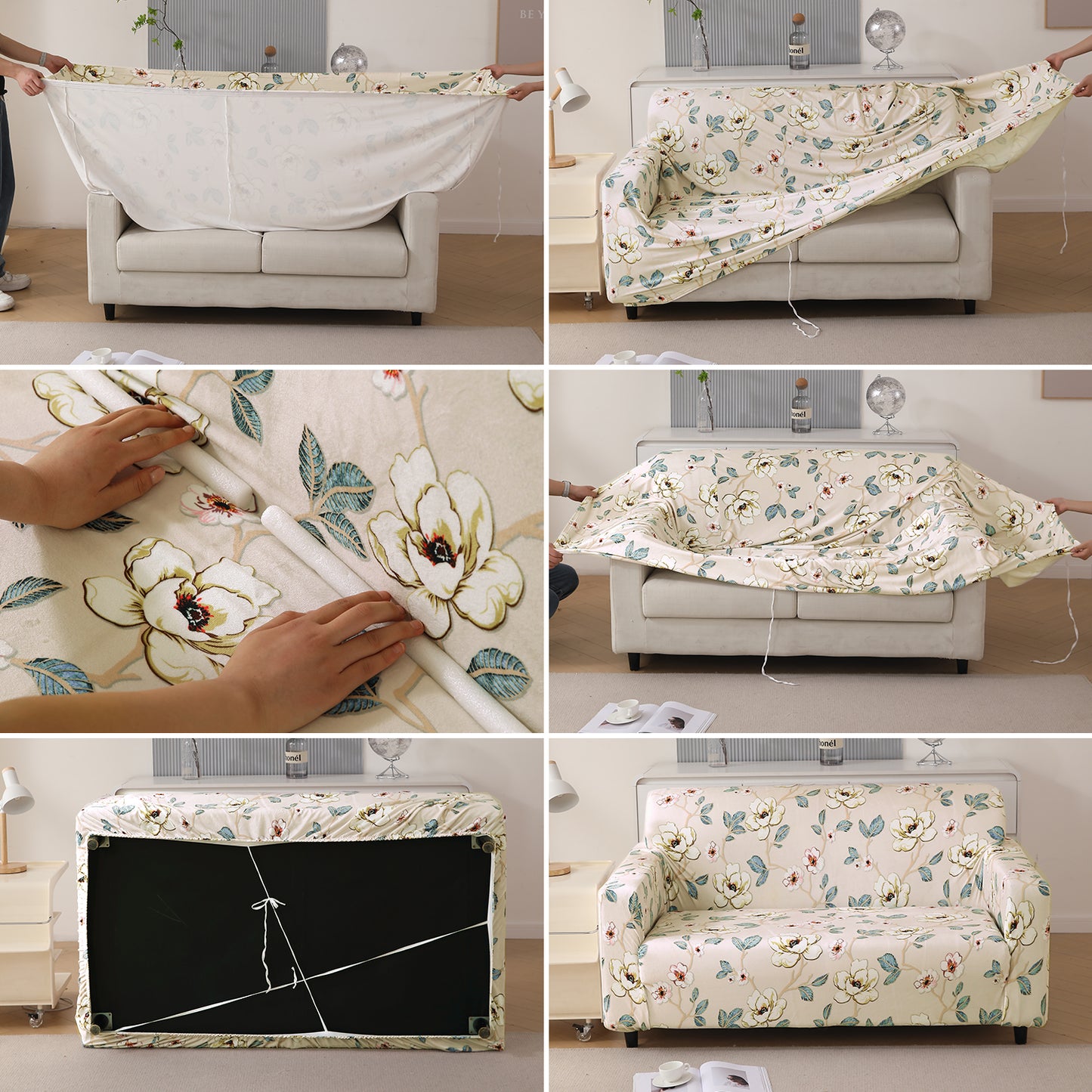 Premium Printed Velvet Sofa Cover 1/2/3 Seaters Fully Covered, Buttercream Magnolia Whisper