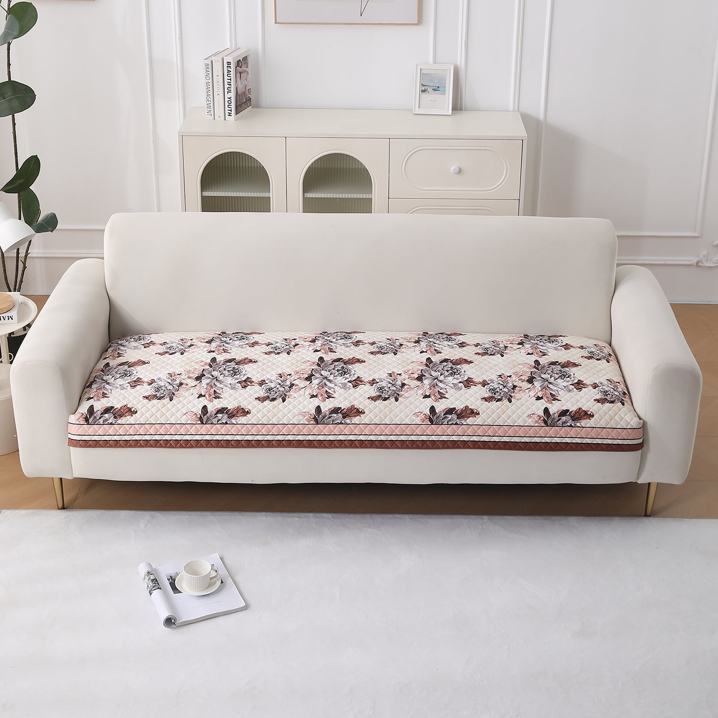 LiefNest Printed Holland Velvet Sofa Mat with Foam Filling - Chrysanthemum Bloom Soft Beige for 1/2/3 Seater & Armrest