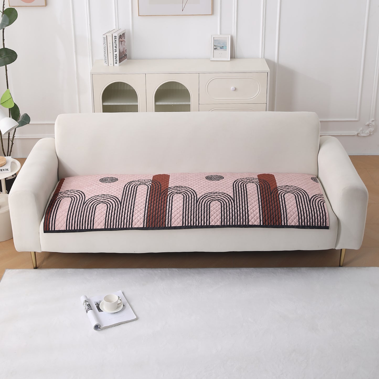 LiefNest Printed Holland Velvet Sofa Mat with Foam Filling - Modern Archscape Mauve Blush for 1/2/3 Seater & Armrest