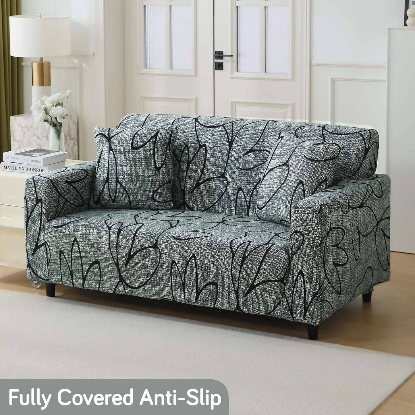 Intense Grey Abstract Floral non slip elastic 2 seater sofa cover