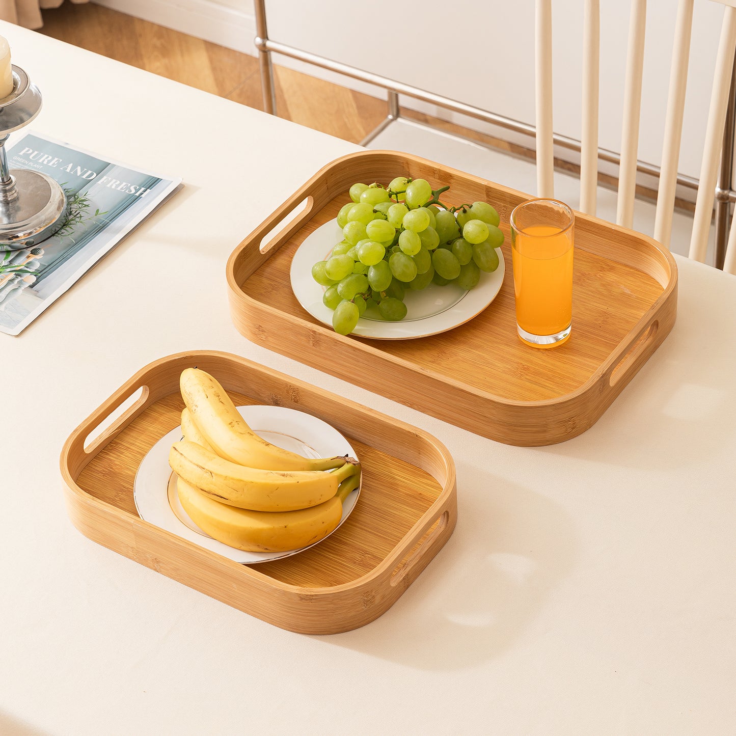 Natural Bamboo Serving Tray Set of 2/3 – Multipurpose Kitchen Tray with Handles