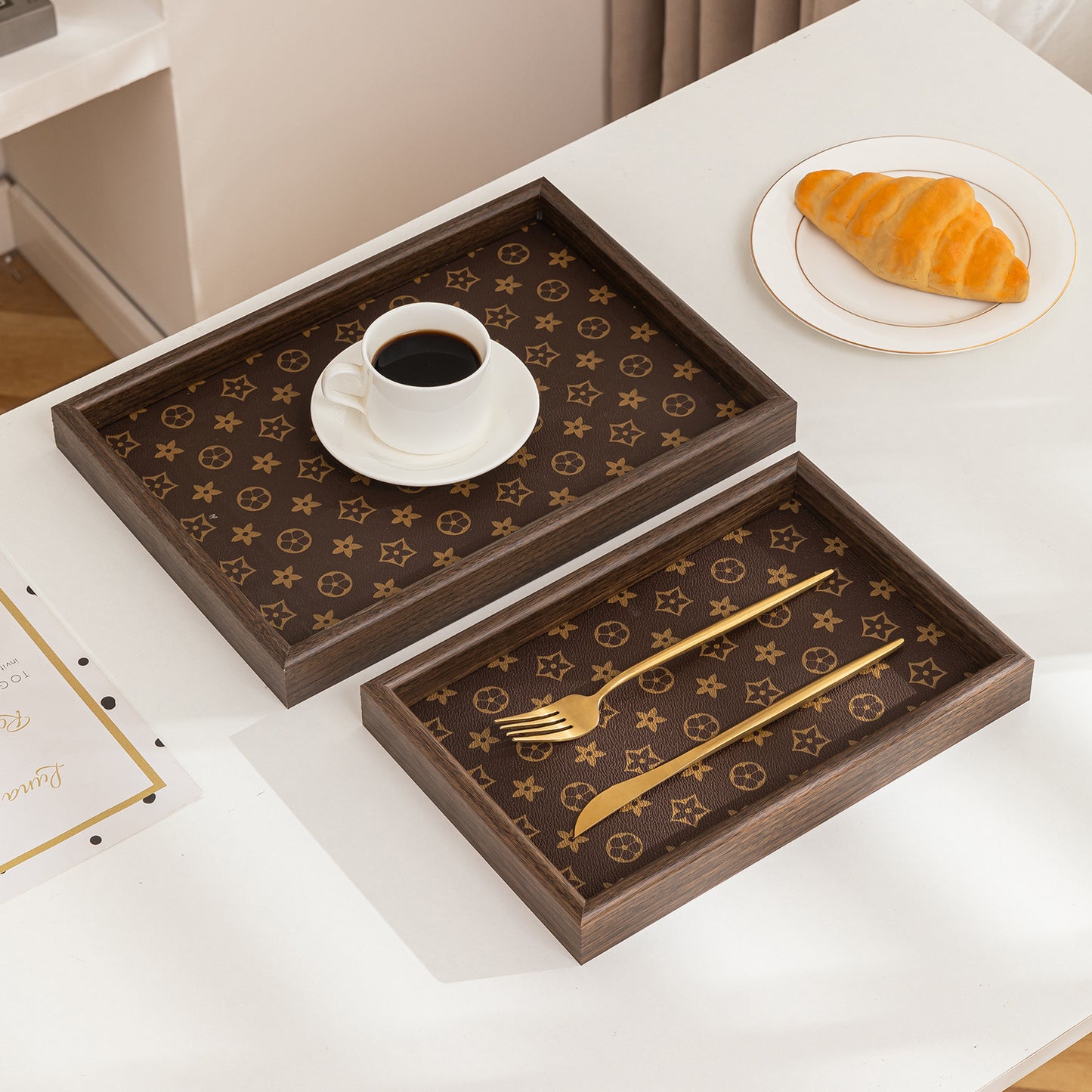 Wooden Serving Tray MDF Rectangular Eco-Friendly Trays Set of 3, Elegant Brown Finish