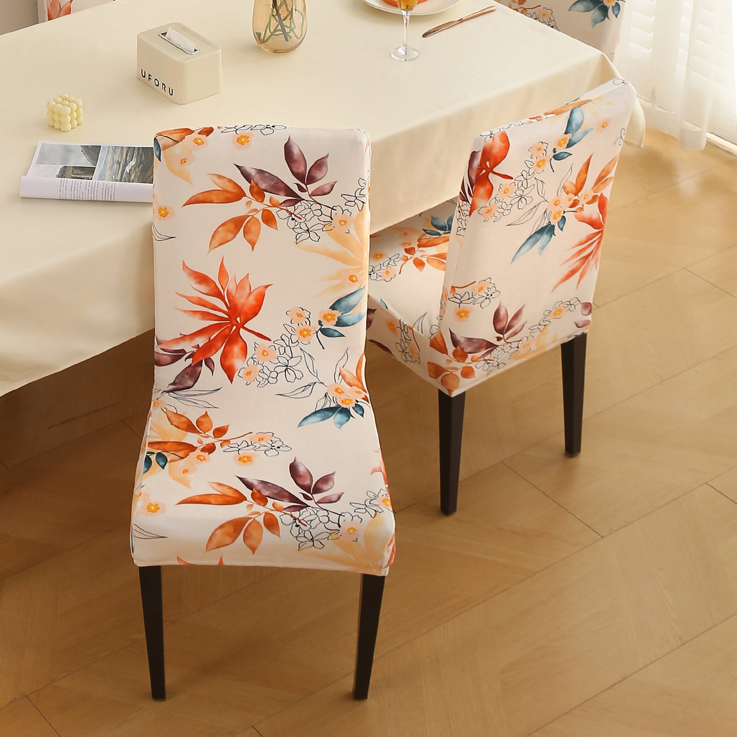 Premium Printed Velvet Dining Chair Cover Set, Amber Serene Flora