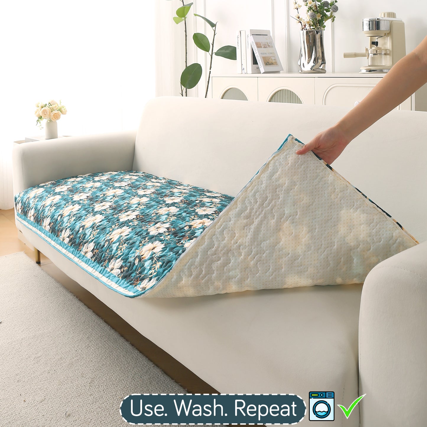 Florentina Series Premium Holland Velvet Sofa Cover Mat - Pansies Teal