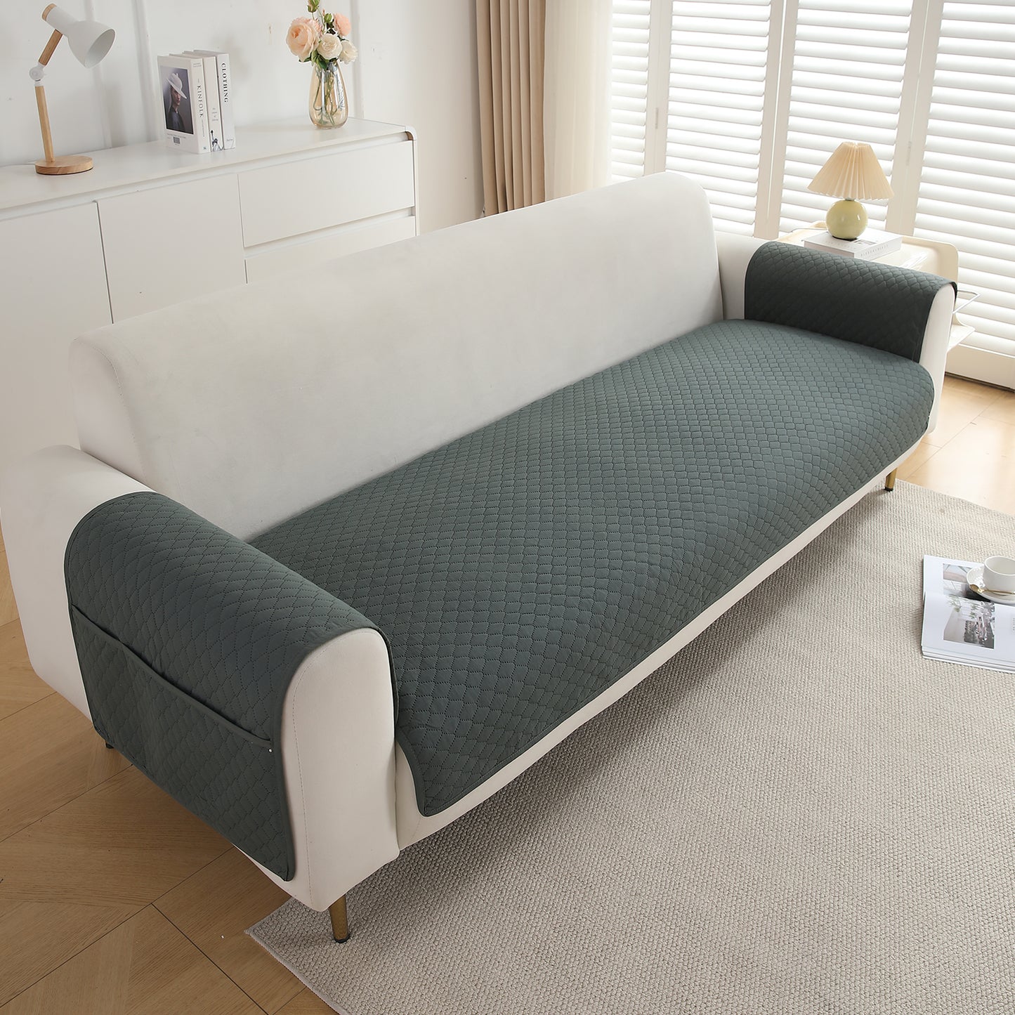 Quilted Sofa Cover Mat with 2 Armrest Covers Pockets, Grey