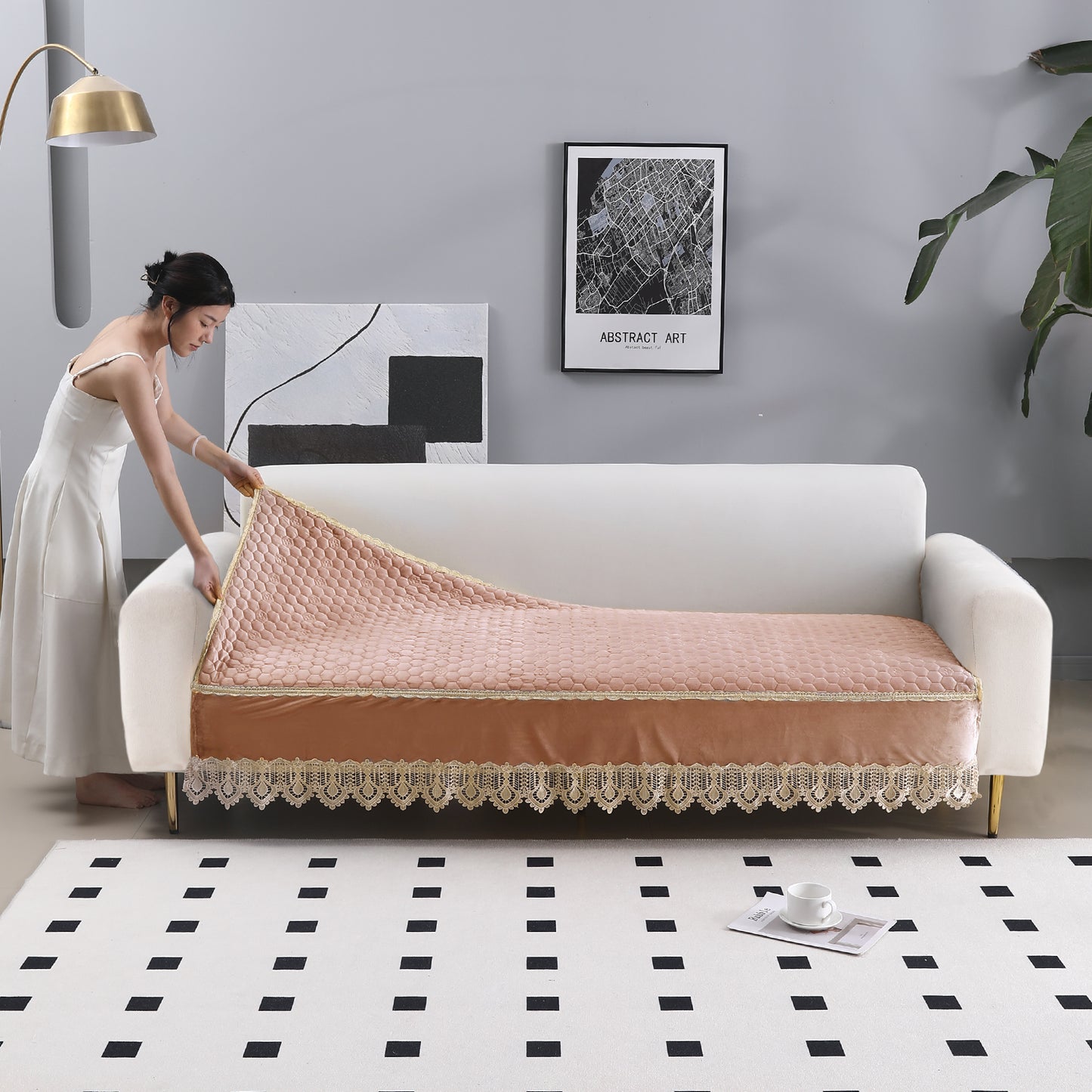 Premium Dutch Velvet Sofa Seat Mat for 1/2/3 Seater Sofa, Light Brown