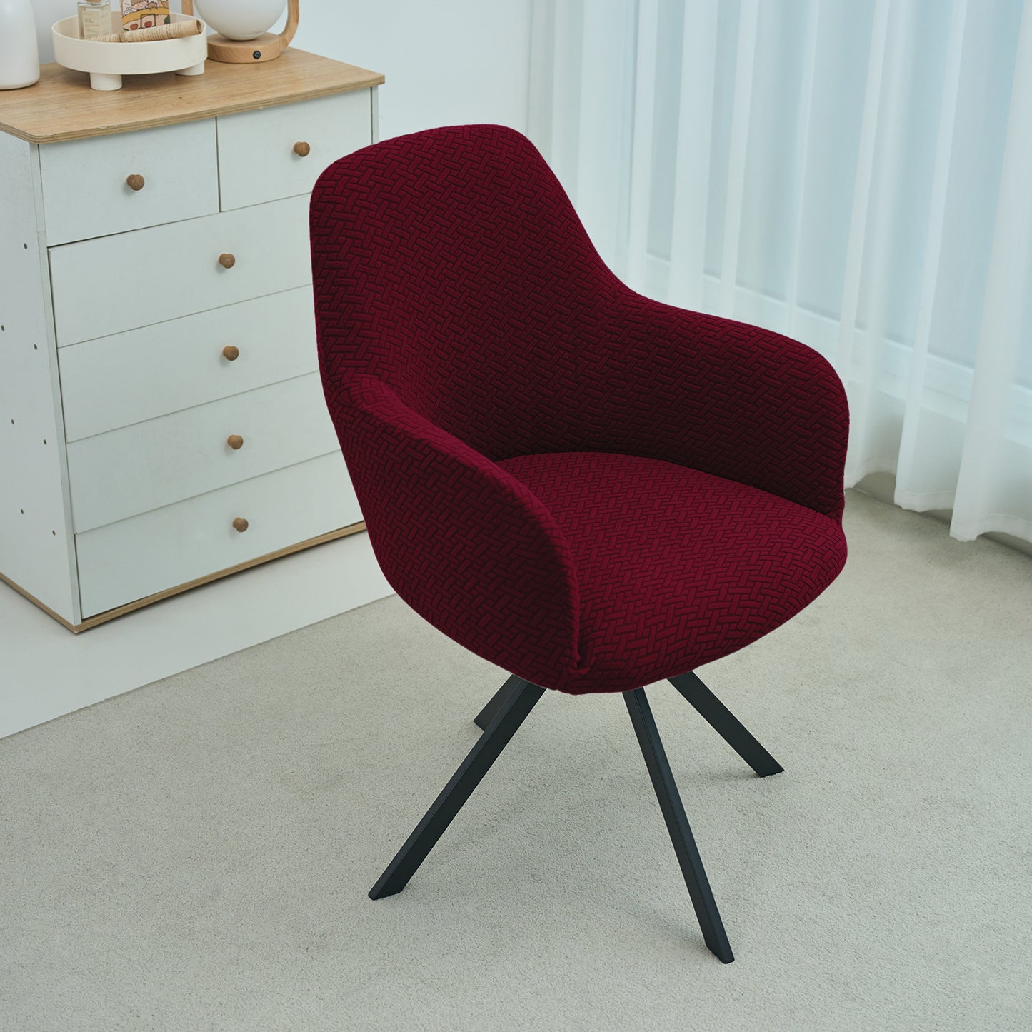 Premium Jacquard Fully Covered Cover for Swivel Dining Chair with Arms, Burgundy