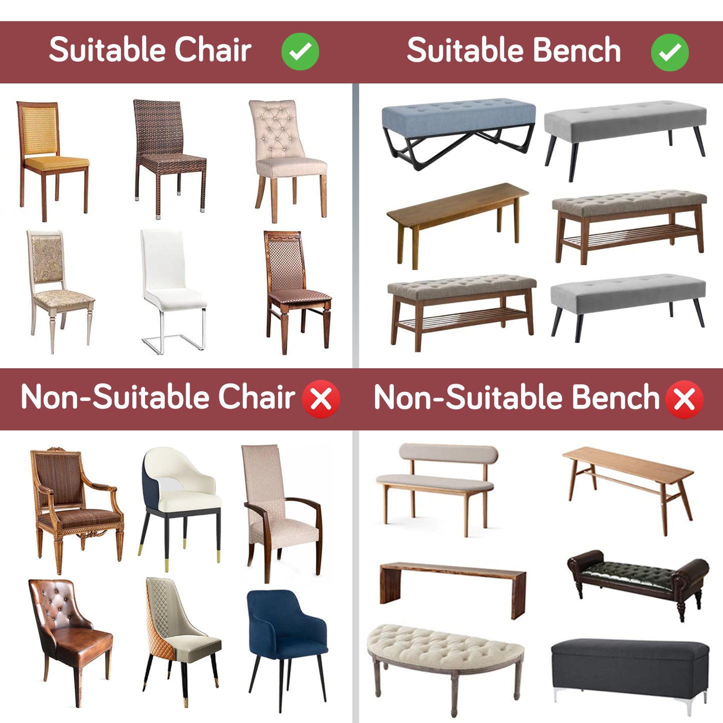 Premium Velvet Cover Set for 4 Dining Chairs + 1 Dining Bench, Red Cottage Rose