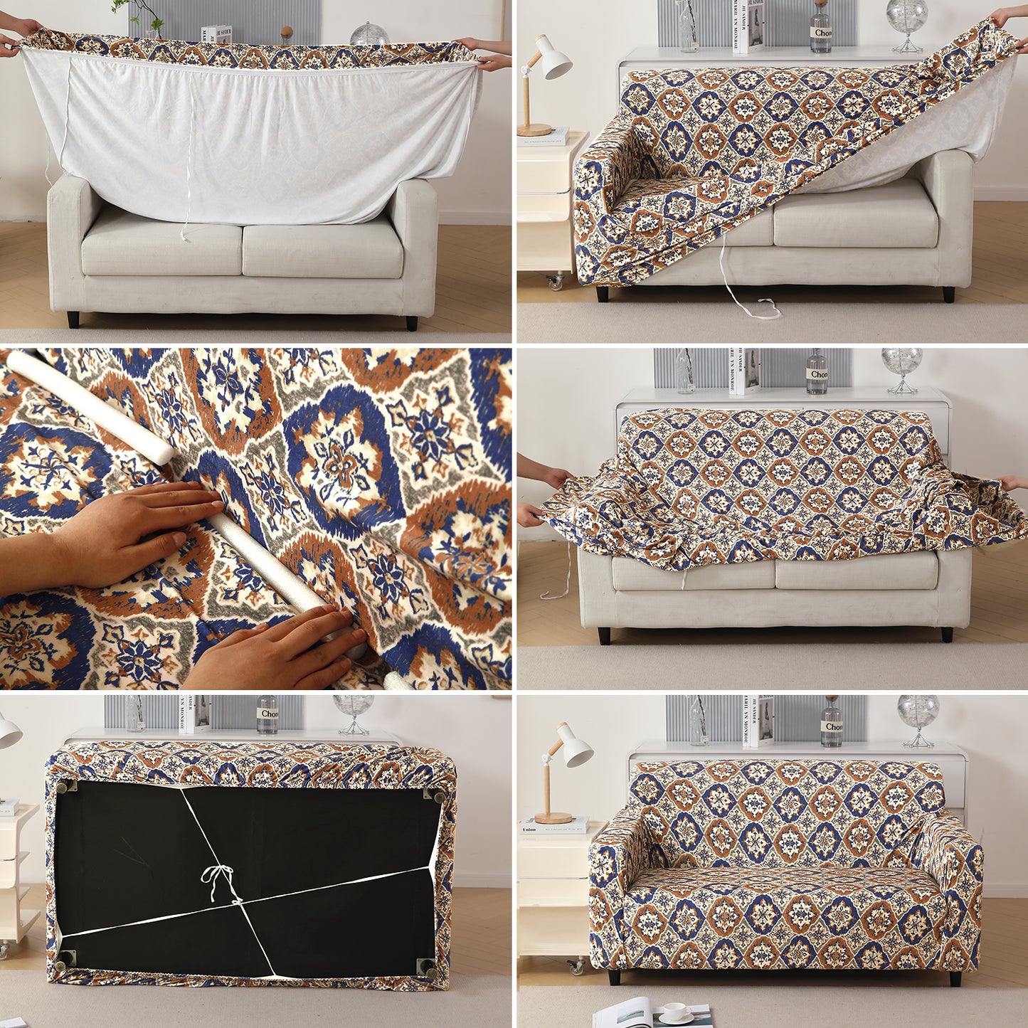 Premium Printed Velvet Sofa Cover 1/2/3 Seaters Fully Covered, Indigo Moroccan Charm
