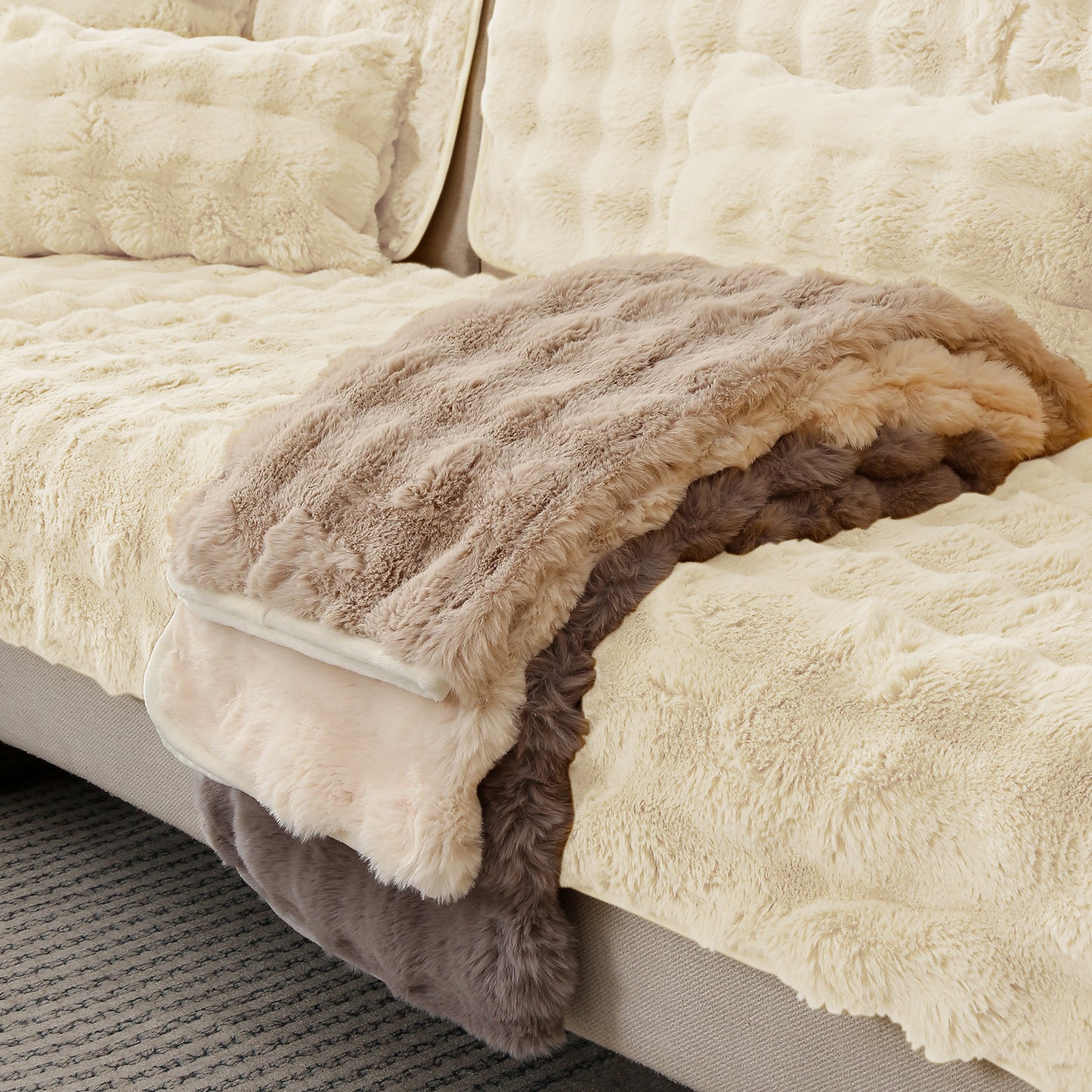 Premium Faux Rabbit Fur Anti Slip Sofa Mat for 1/2/3 Seater, Beige