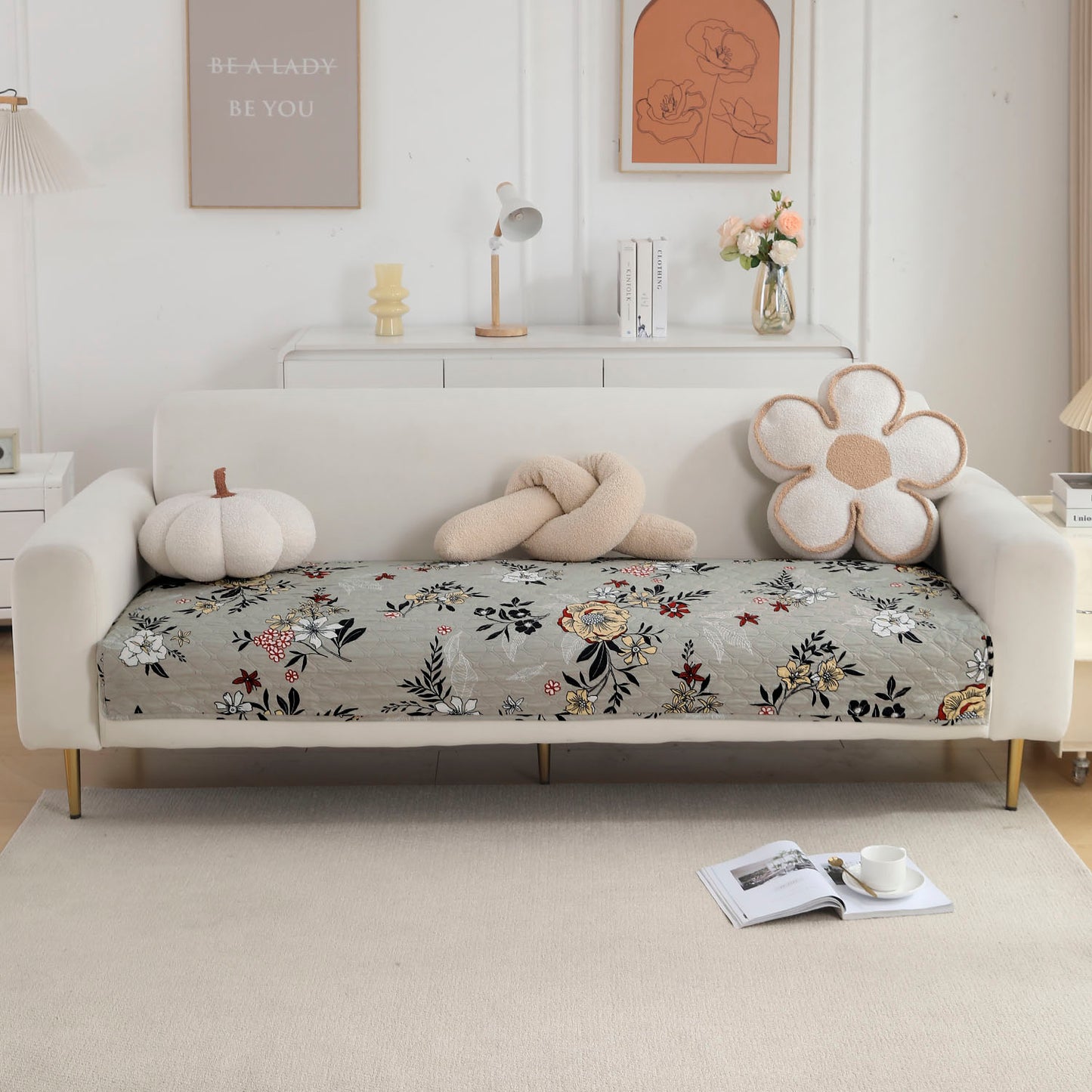 Polyester Printed Quilted Sofa Cover Mats, Floral Ash Grey