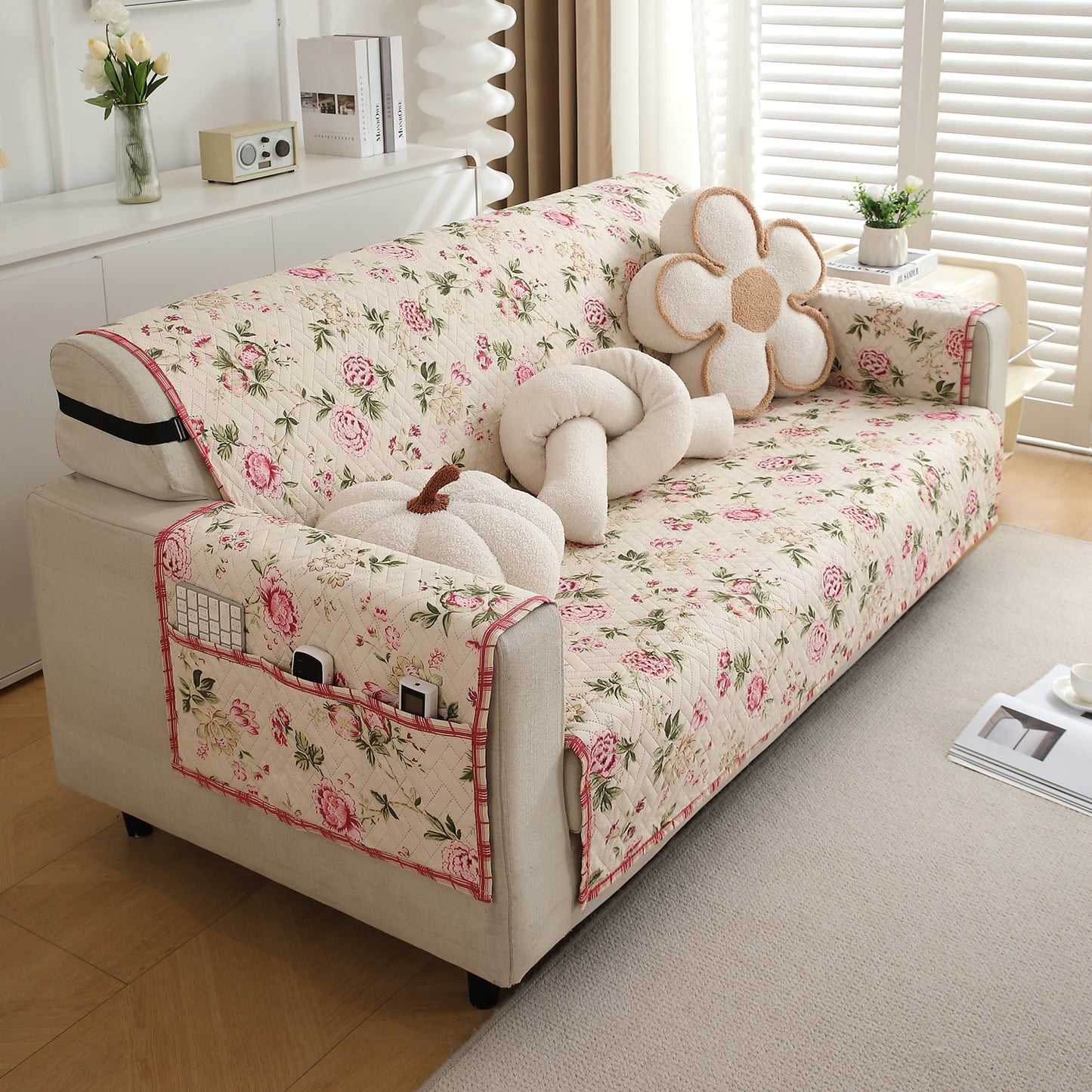 3 Seater Beige Peonies Printed quilted sofa cover