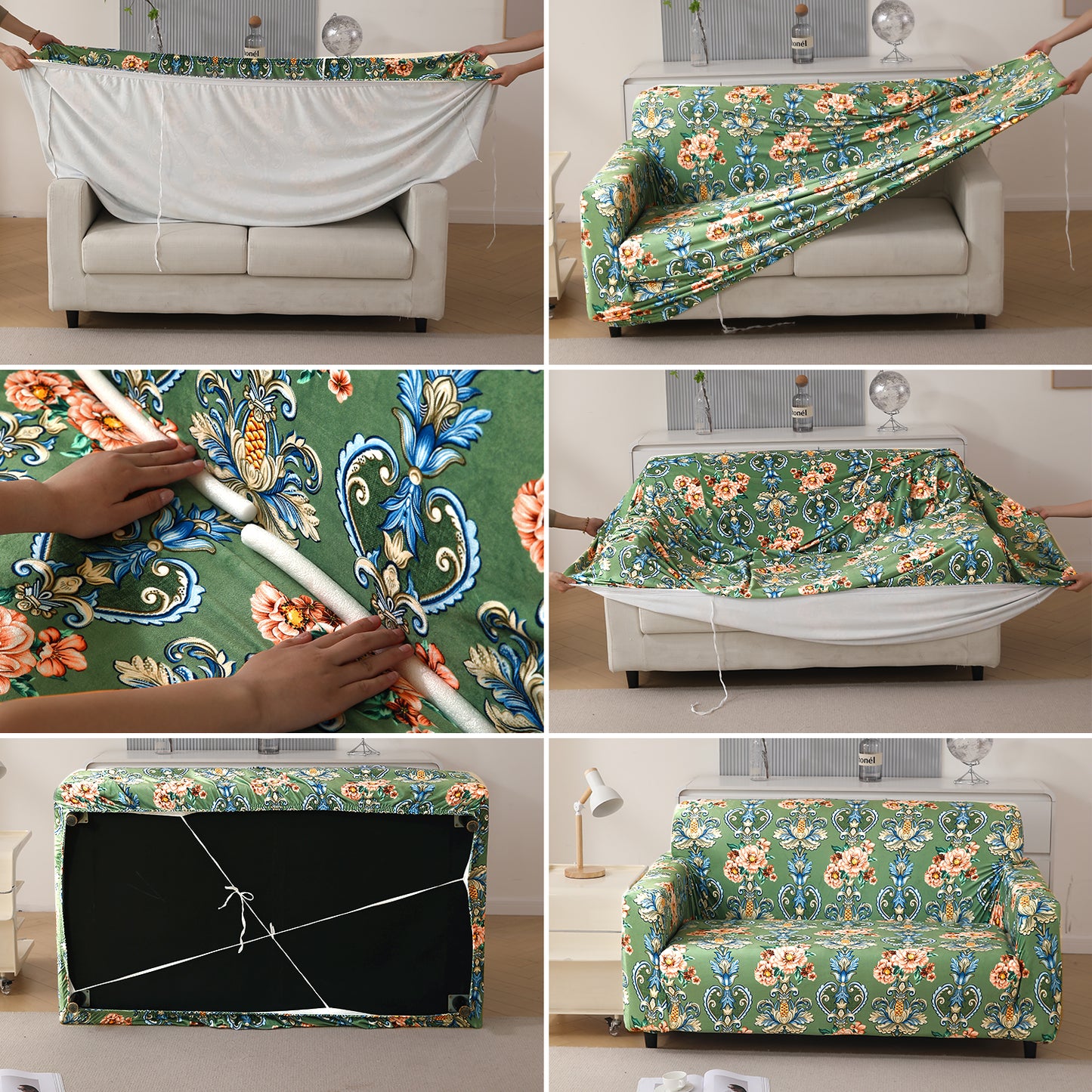 Premium Printed Velvet Sofa Cover 1/2/3 Seaters Fully Covered, Green Victorian Garden