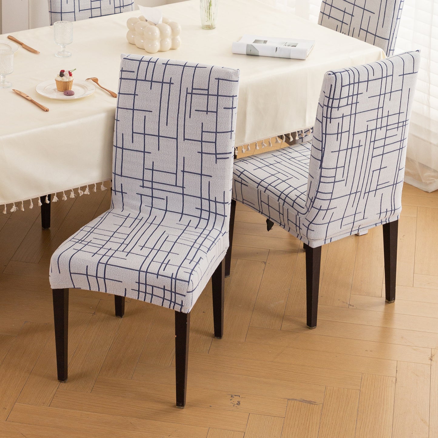 'Crossline Series' 180 GSM Jacquard Chair Cover Set 1/2/4/6, Navy Blue