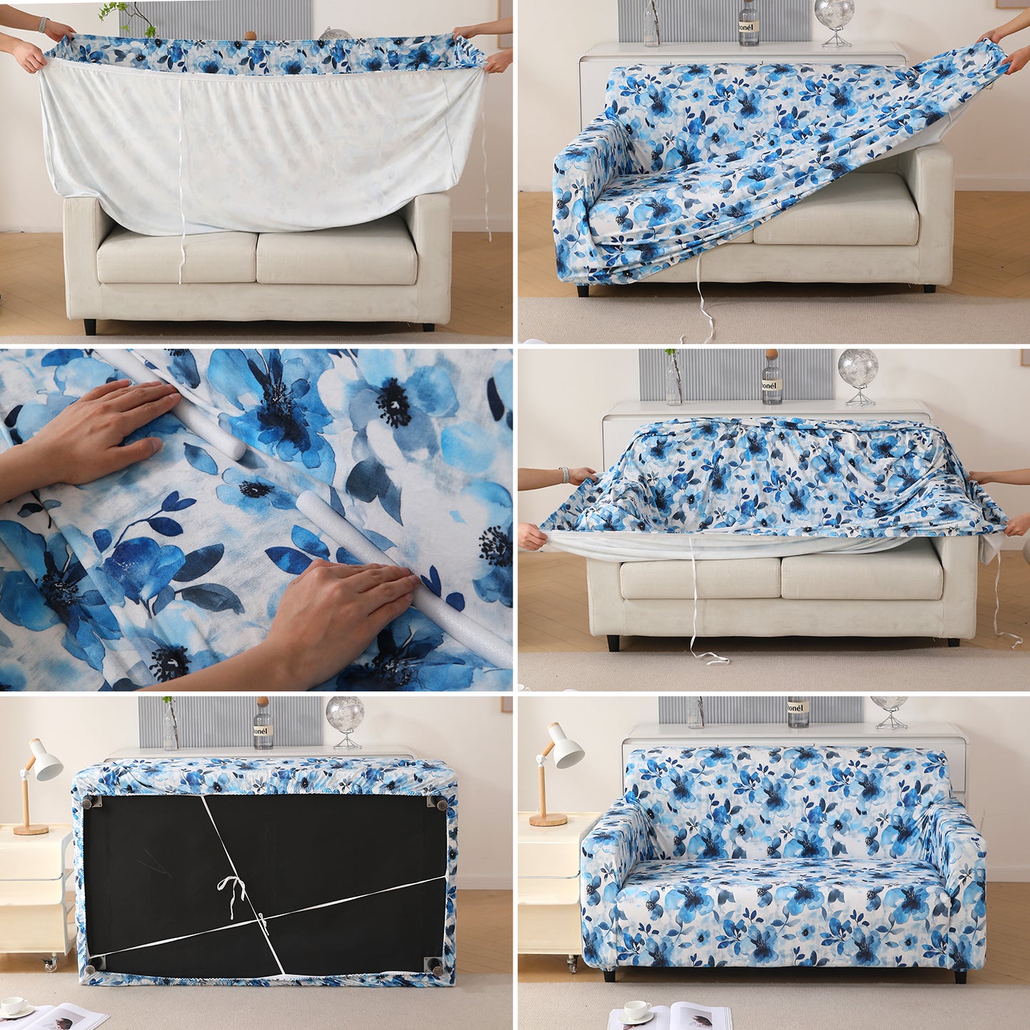 Premium Printed Velvet Sofa Cover 1/2/3 Seaters Fully Covered, Blue Azure Botanical