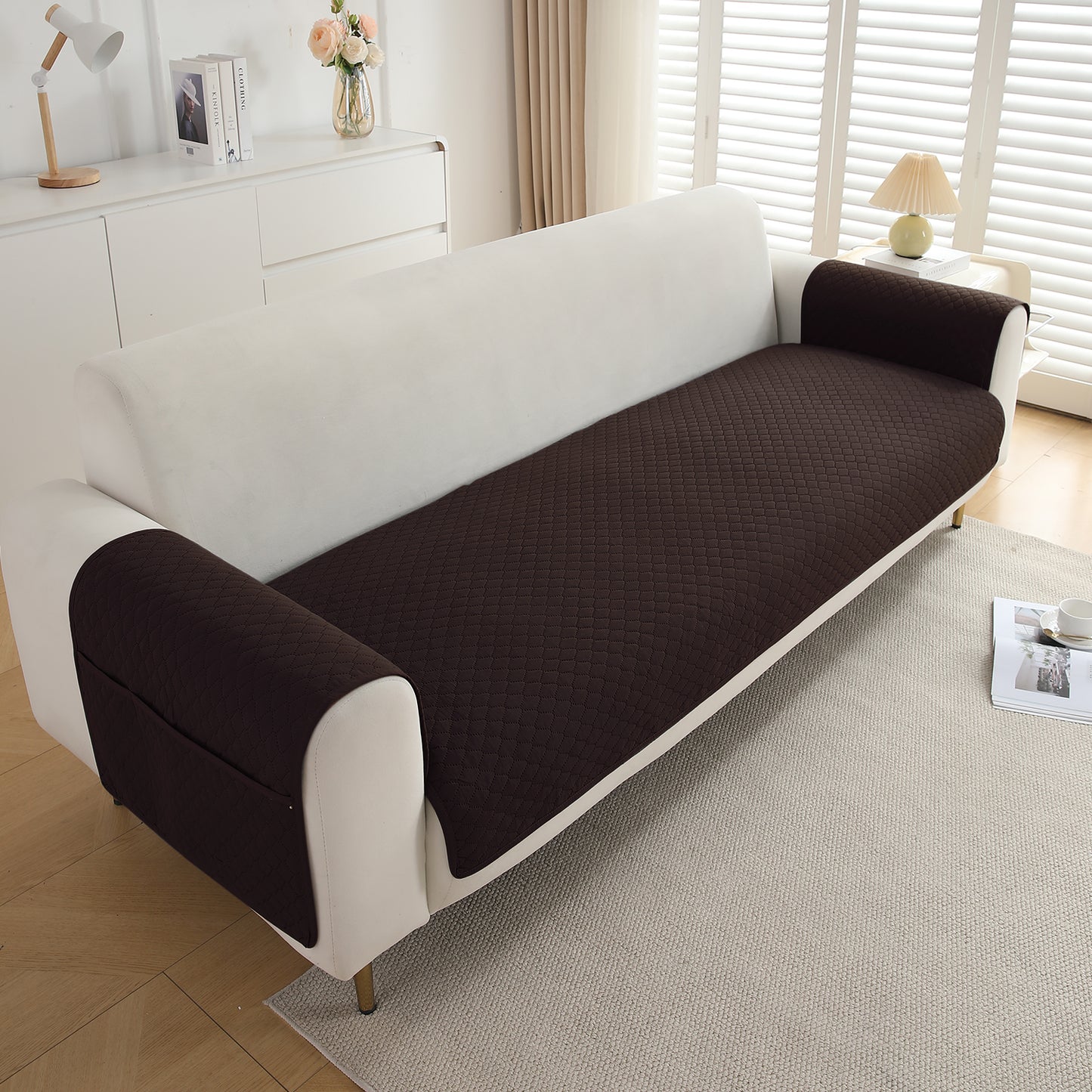 Quilted Sofa Cover Set with Seat Mat and Armrest Covers with Pockets, Dark Brown