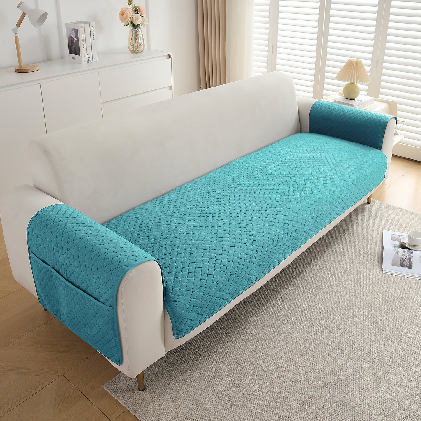 Quilted Sofa Cover Mat with 2 Armrest Covers Pockets, Teal
