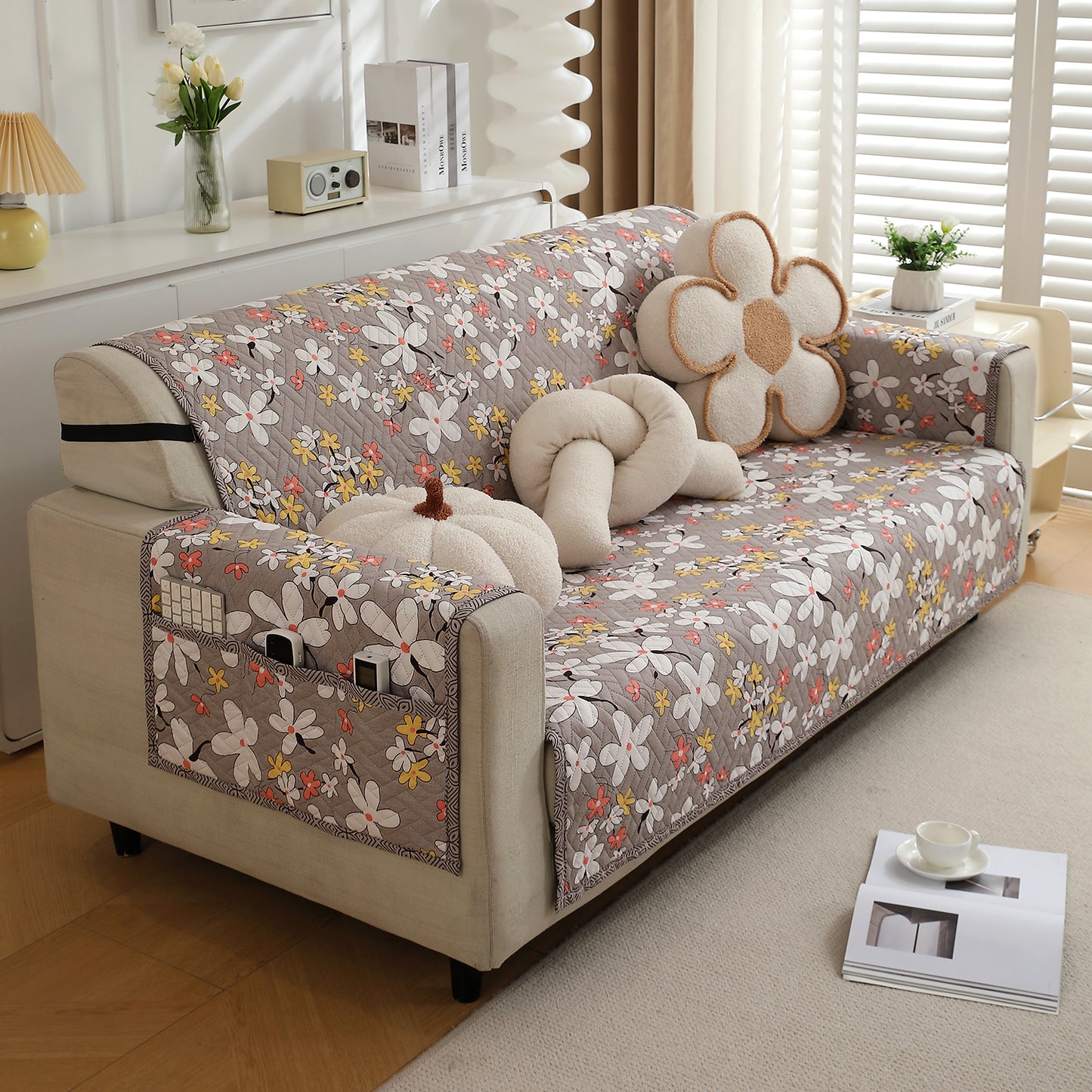 Pastel Brown Sandwort Flower Printed quilted three seater sofa cover