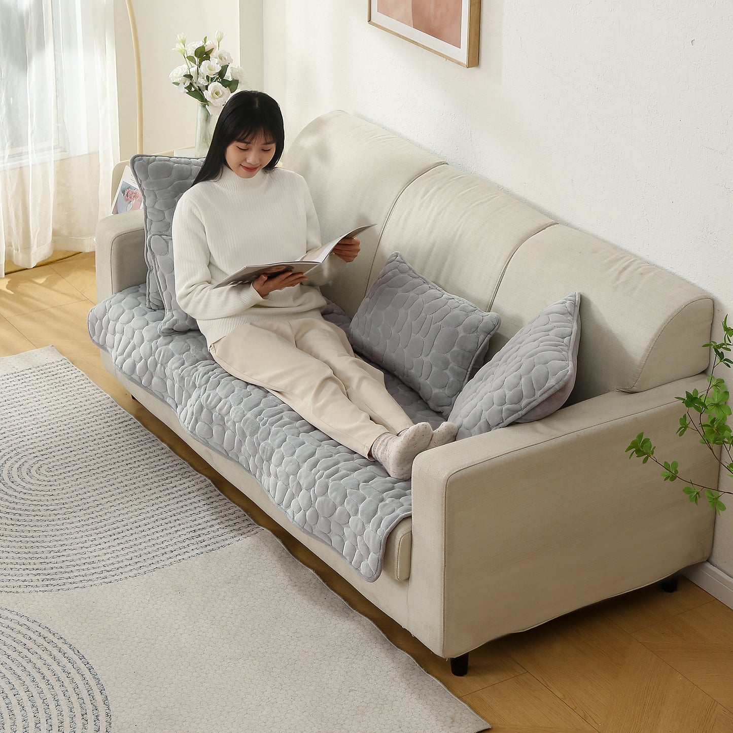 Premium Pebble Milk Velvet Anti Slip Sofa Mat for 1/2/3 Seater, Moon Grey