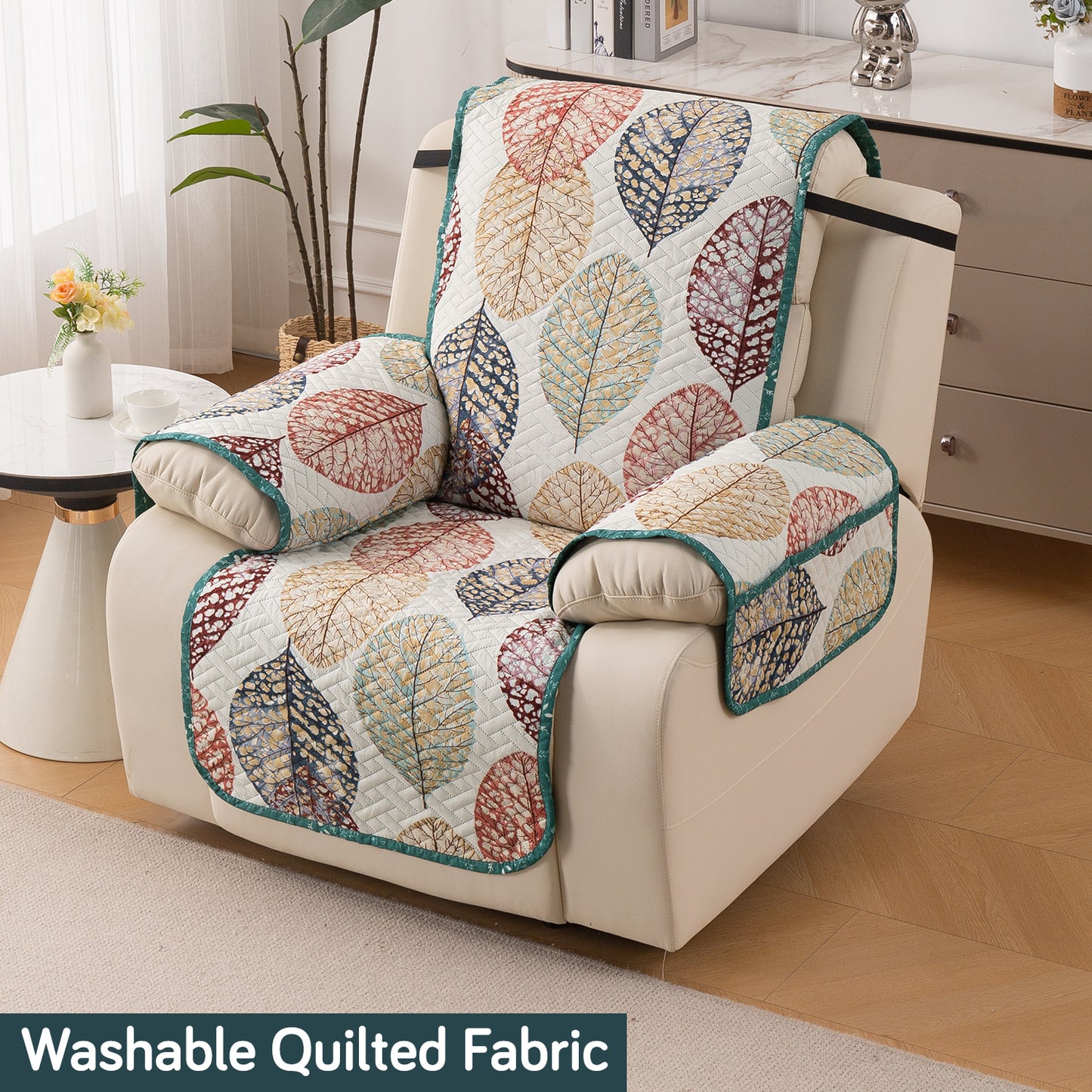 Quilted Cover for Recliner Sofa with SecureFit Belt & Side Pocket, Multicolor Linden Leaf