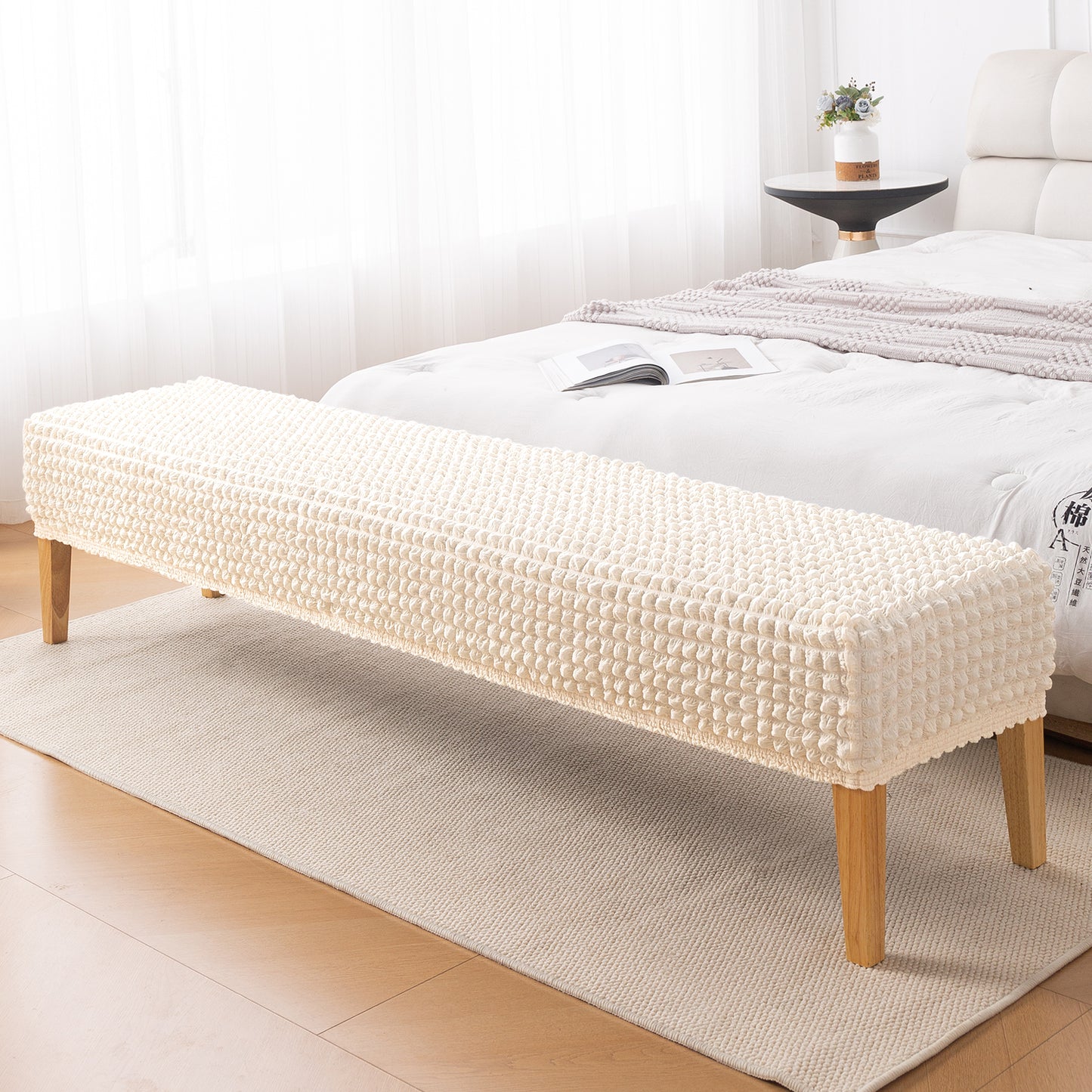 Aria Nova 280 GSM Stretchable Bubble Dining Bench Cover, Light Cream