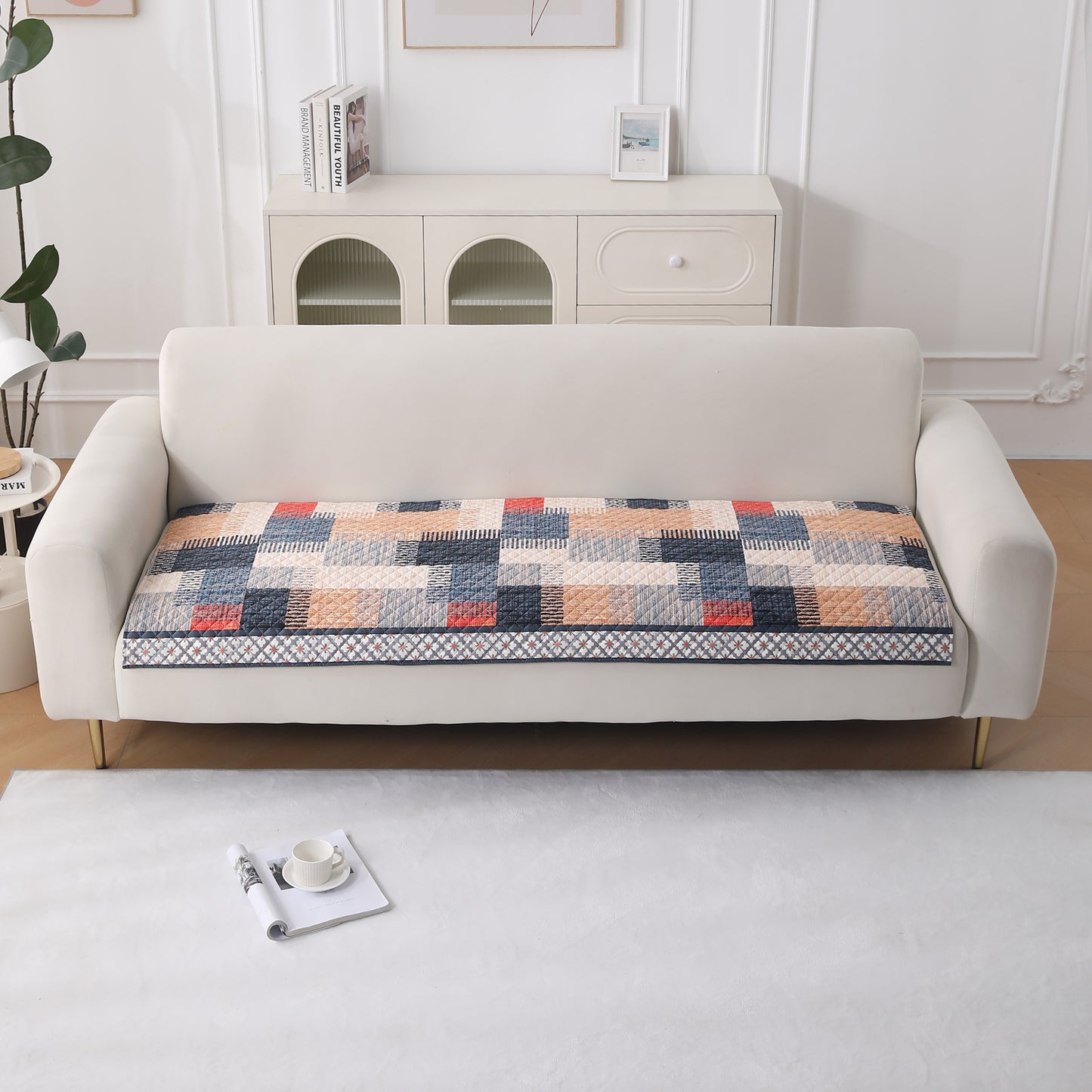 LiefNest Holland Velvet Sofa Cover Mat with Foam Filling - Urban Grid Multicolor