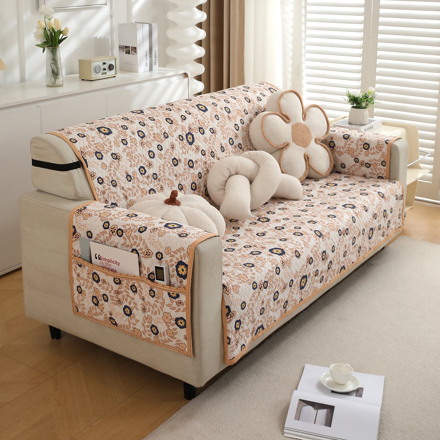 Light Peach Candytuft Printed three seater quilted sofa cover