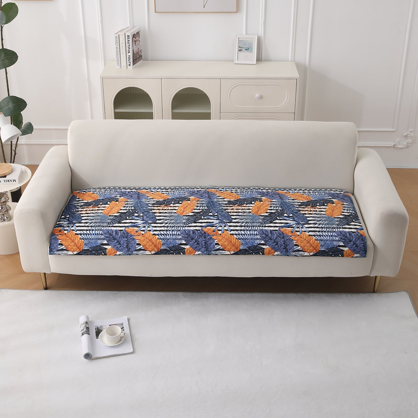 LiefNest Printed Holland Velvet Sofa Mat with Foam Filling - Tropical Leaves Dusk Blue for 1/2/3 Seater & Armrest