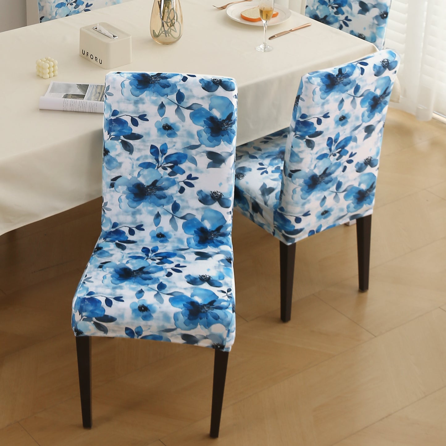 Premium Printed Velvet Dining Chair Cover Set, Blue Azure Botanical