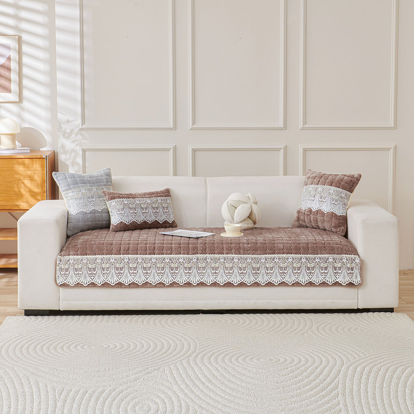 BelleLace Series Imperial Milk Velvet Sofa Cover Mat with Lace Design - Mocha Brown