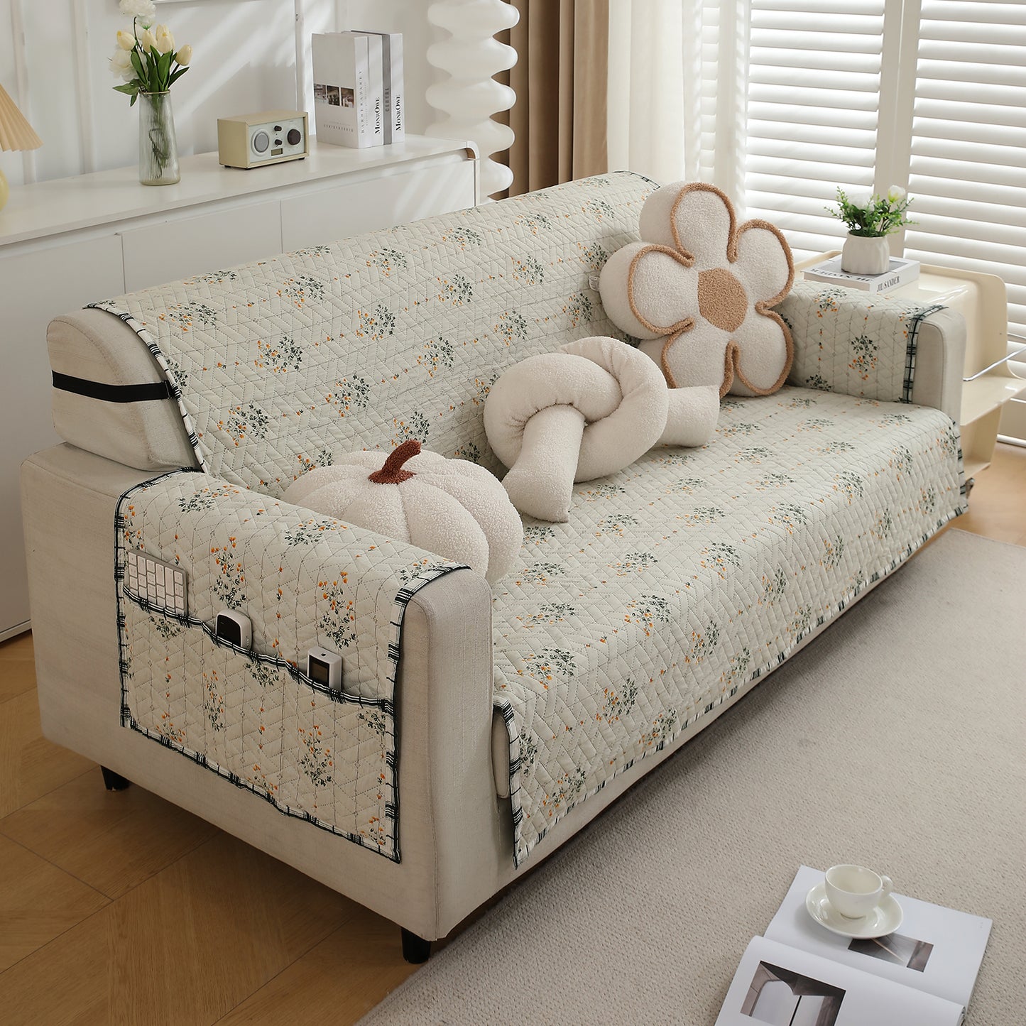 3 seater Light Green Ash Gypsy Floral Printed quilted sofa ke cover
