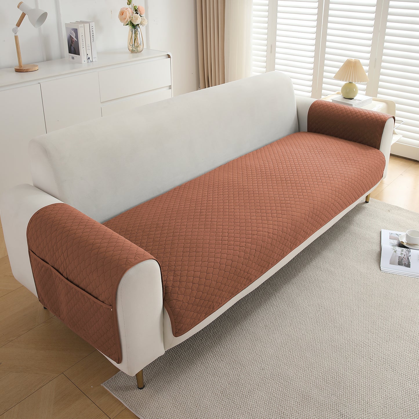 Quilted Sofa Cover Mat with 2 Armrest Covers Pockets, Brown