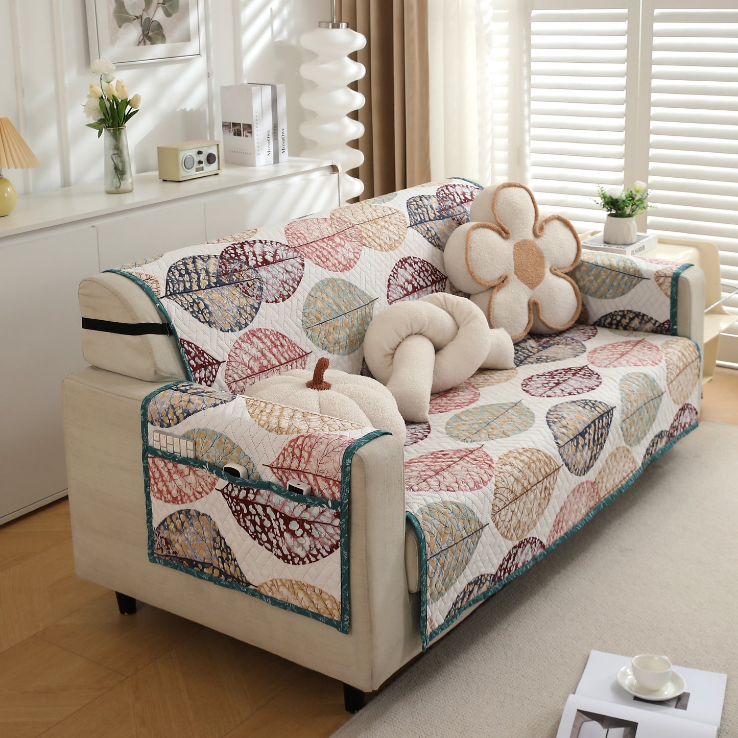 3 Seater Multicolor Linden Leaf Printed quilted sofa cover