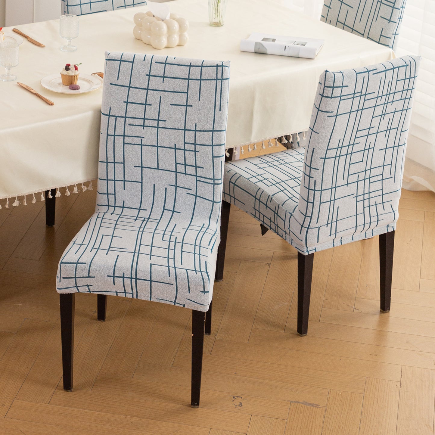 'Crossline Series' 180 GSM Jacquard Chair Cover Set 1/2/4/6, Teal Blue