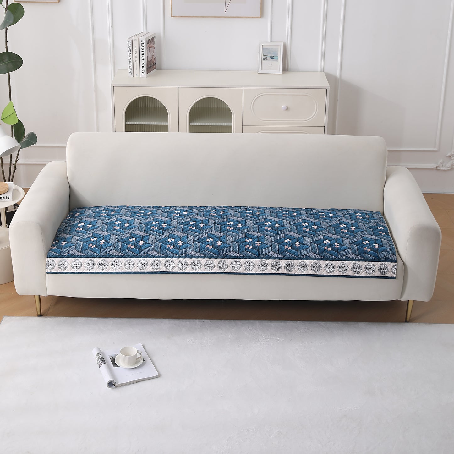 LiefNest Printed Holland Velvet Sofa Mat with Foam Filling - Geometric Floral Oriental Blue for 1/2/3 Seater & Armrest