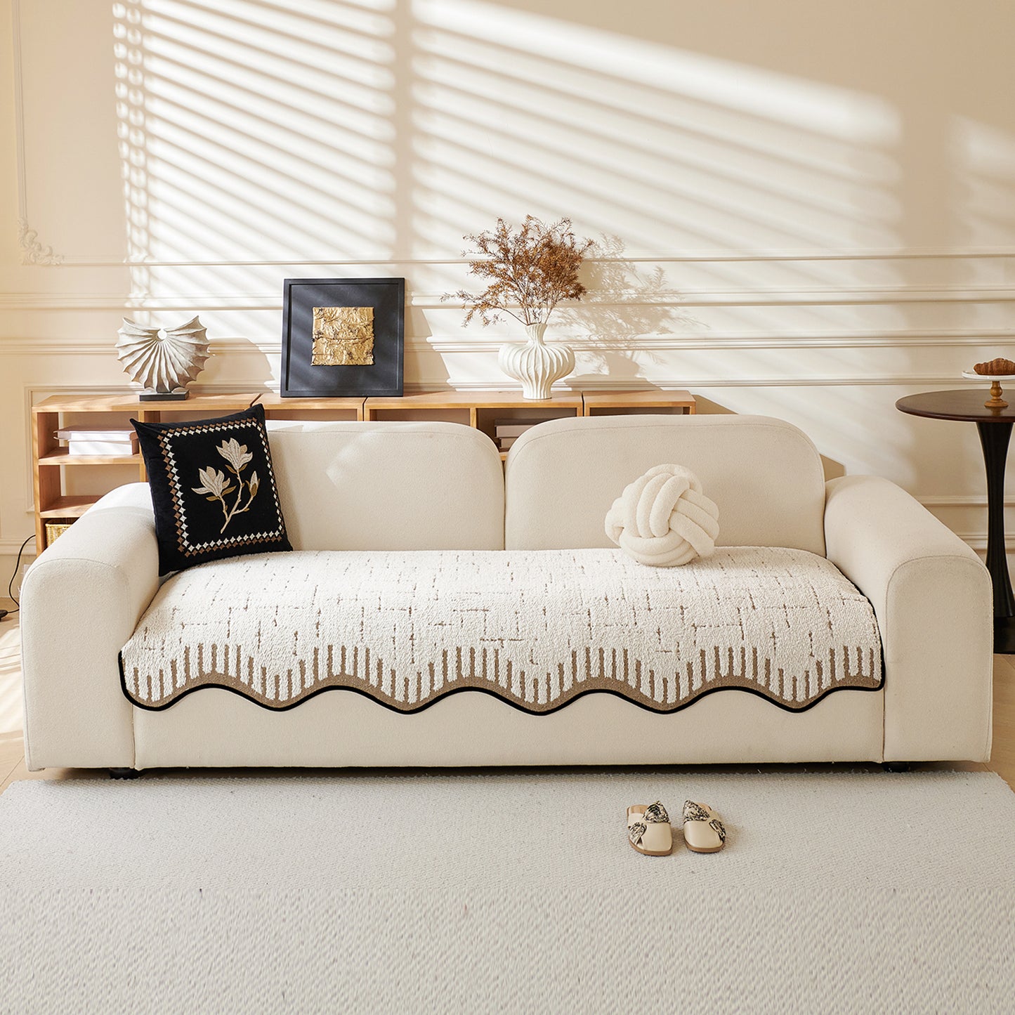 Premium Supple Soft Wavy Sofa Cover Mat, Cream Brown
