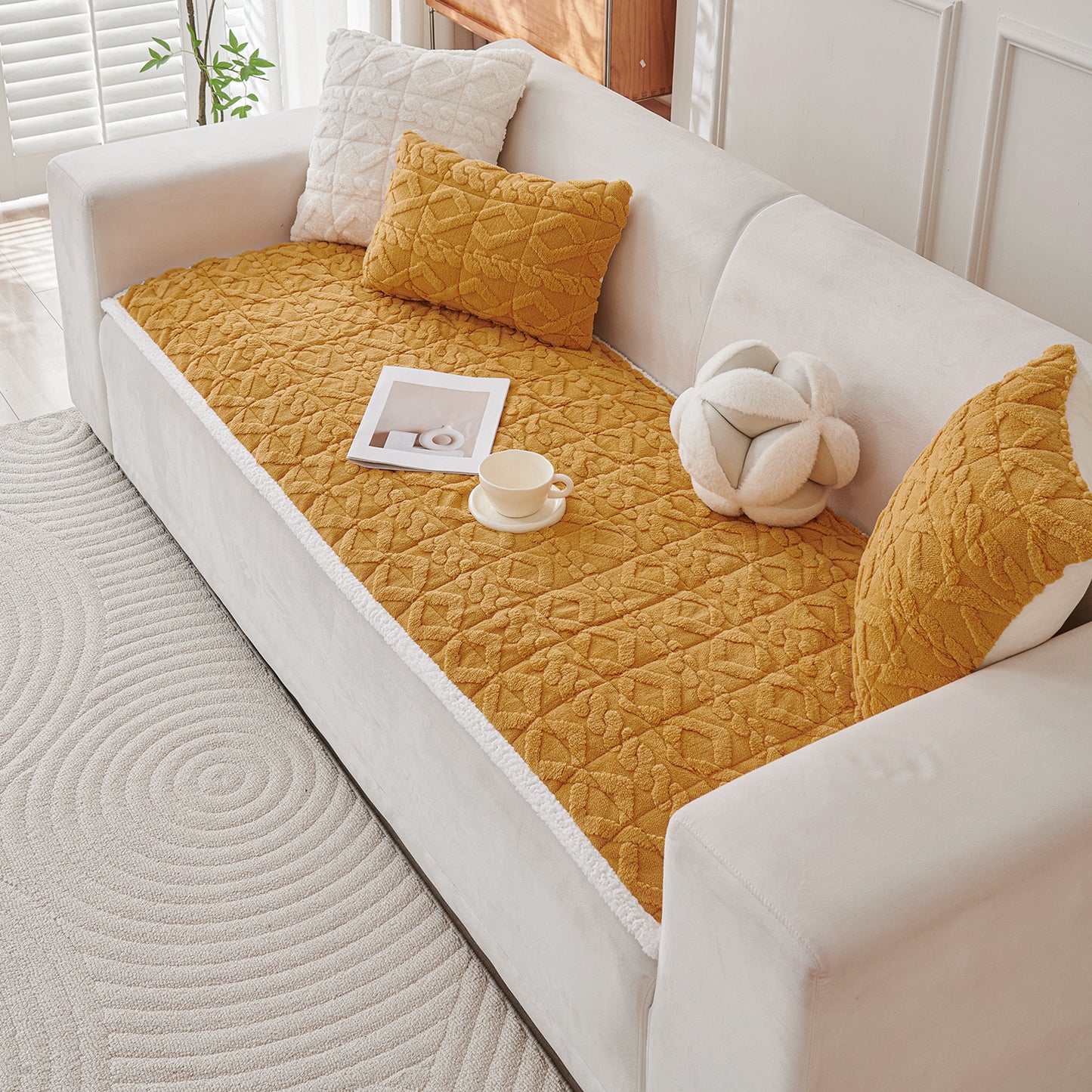 'Italian Caelora' Luxury Jacquard Plush Sofa Cover Mat and Anti-Slip Armrest Covers - Honey Yellow