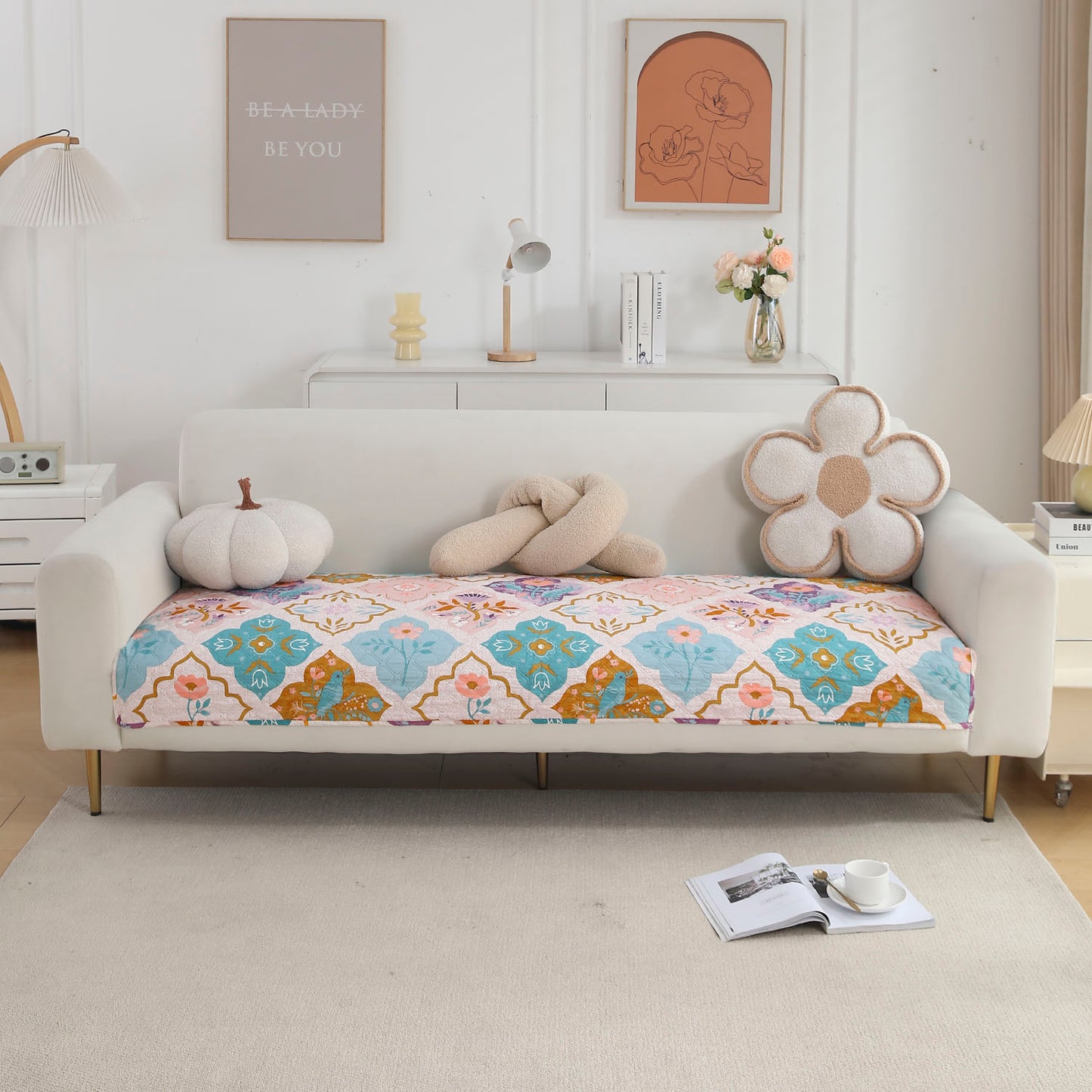 Polyester Printed Quilted Sofa Cover Mats, Quatrefoil Multicolor