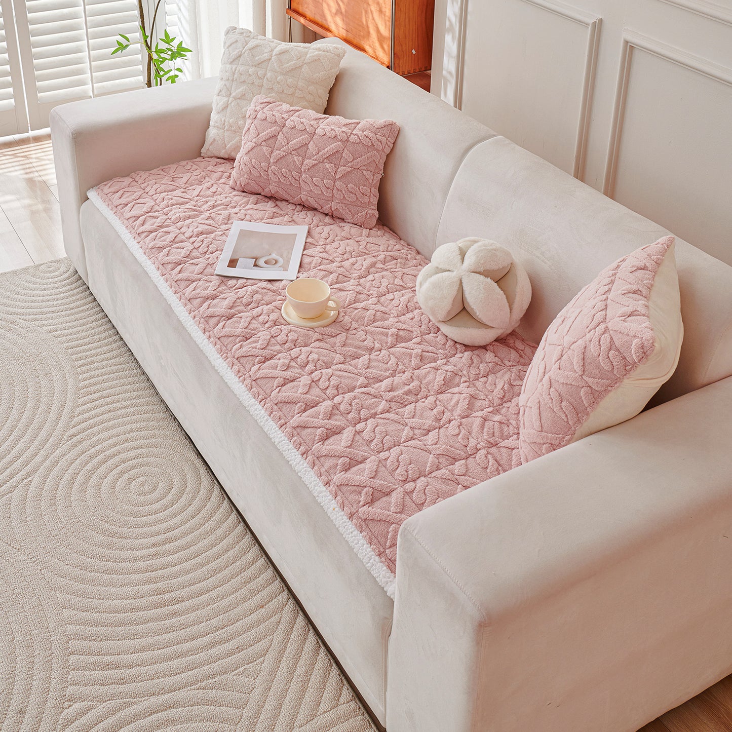 'Italian Caelora' Luxury Jacquard Plush Sofa Cover Mat and Anti-Slip Armrest Covers - Misty Rose